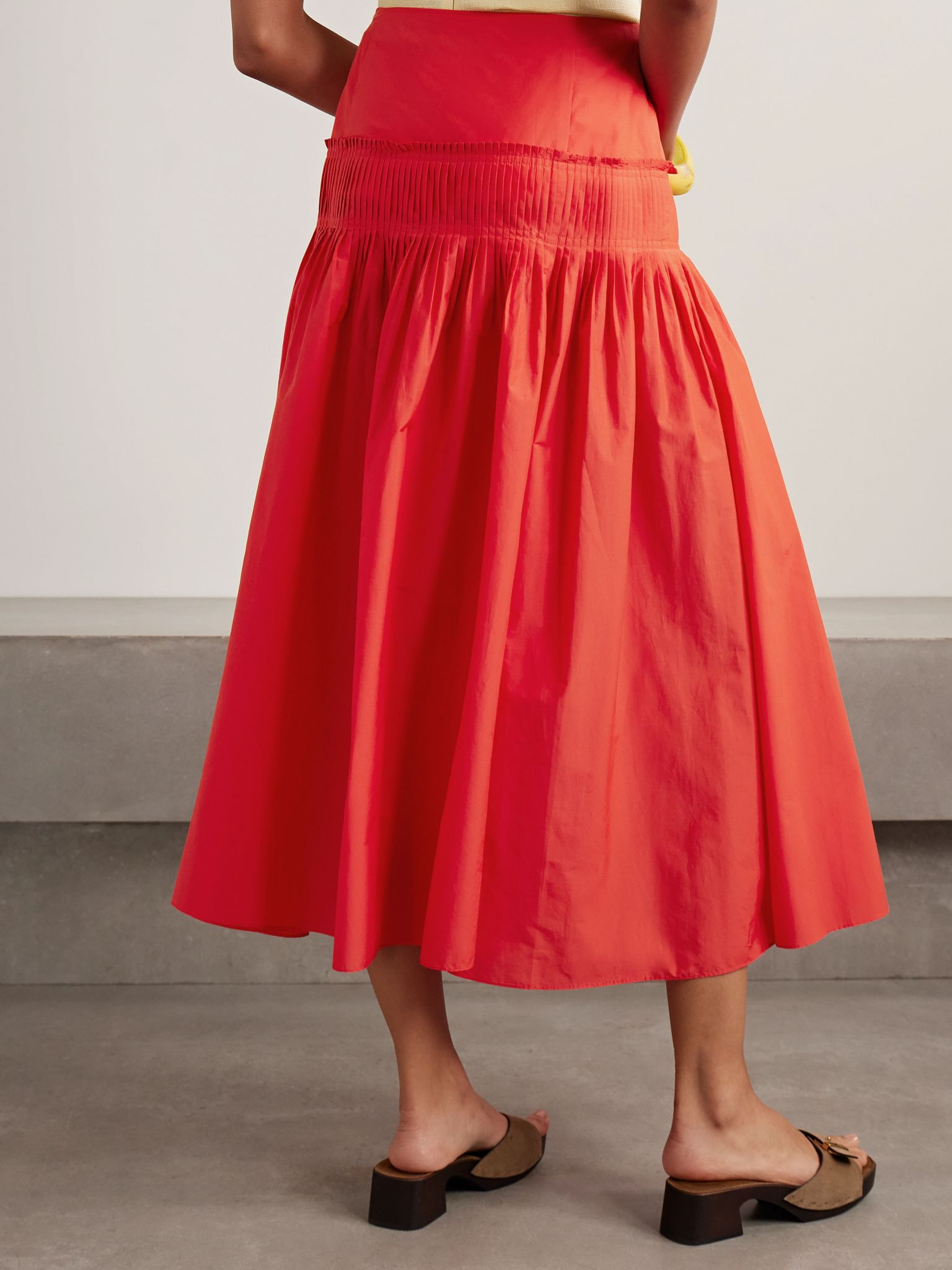 Pintucked pleated cotton-blend poplin midi skirt Red - 3