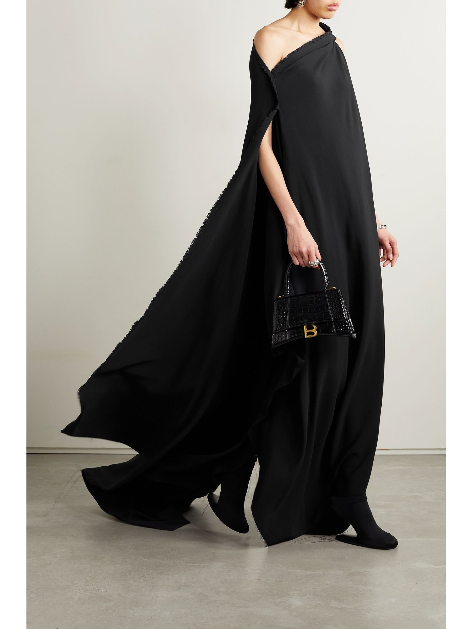 Asymmetric one-shoulder frayed draped crepe gown Black - 2