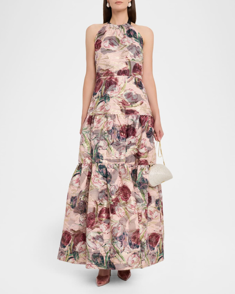 MILLY Gizelle Tiered Floral Brocade Halter Gown outlook