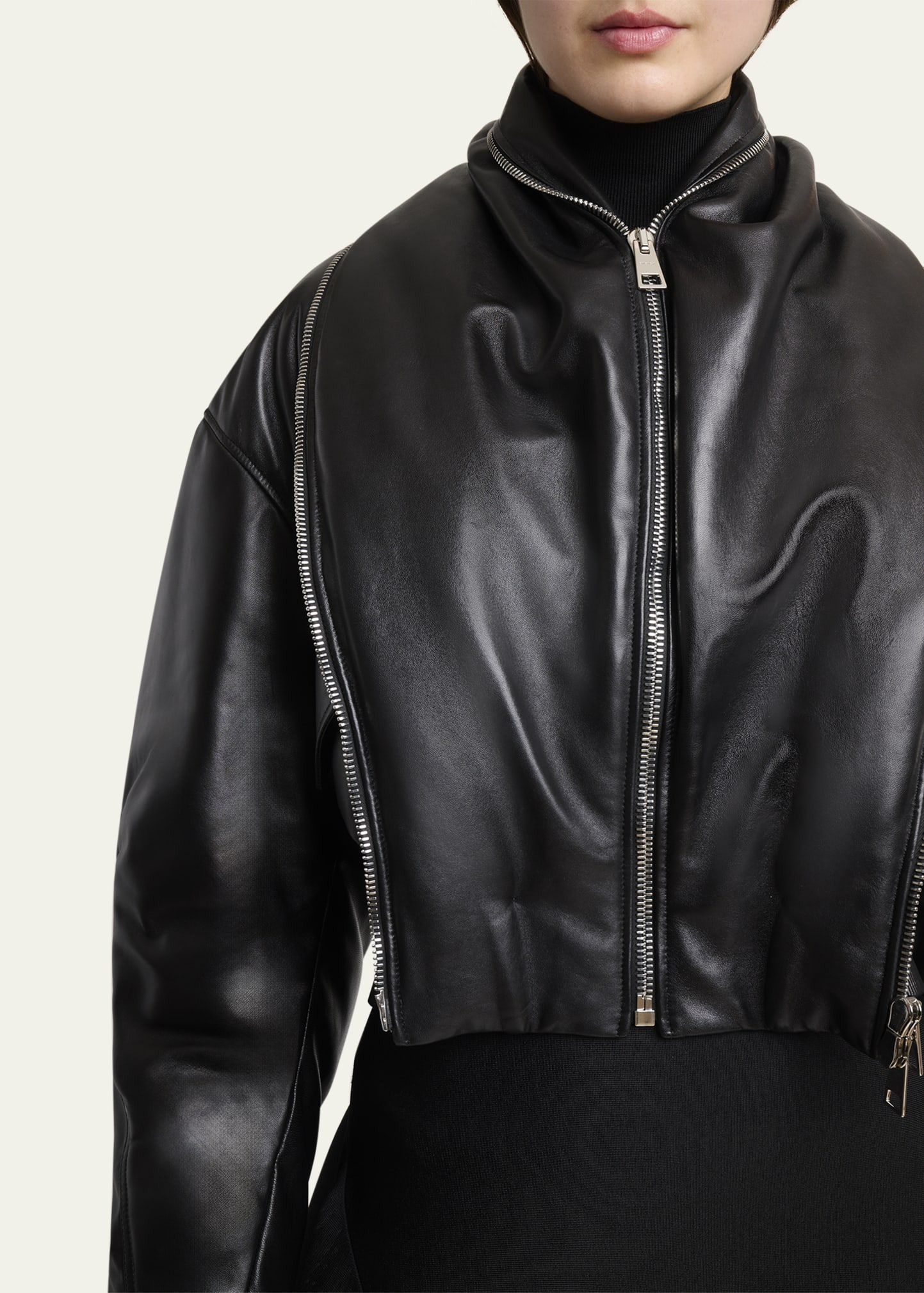 Double Shawl-Collar Leather Crop Bomber Jacket - 5