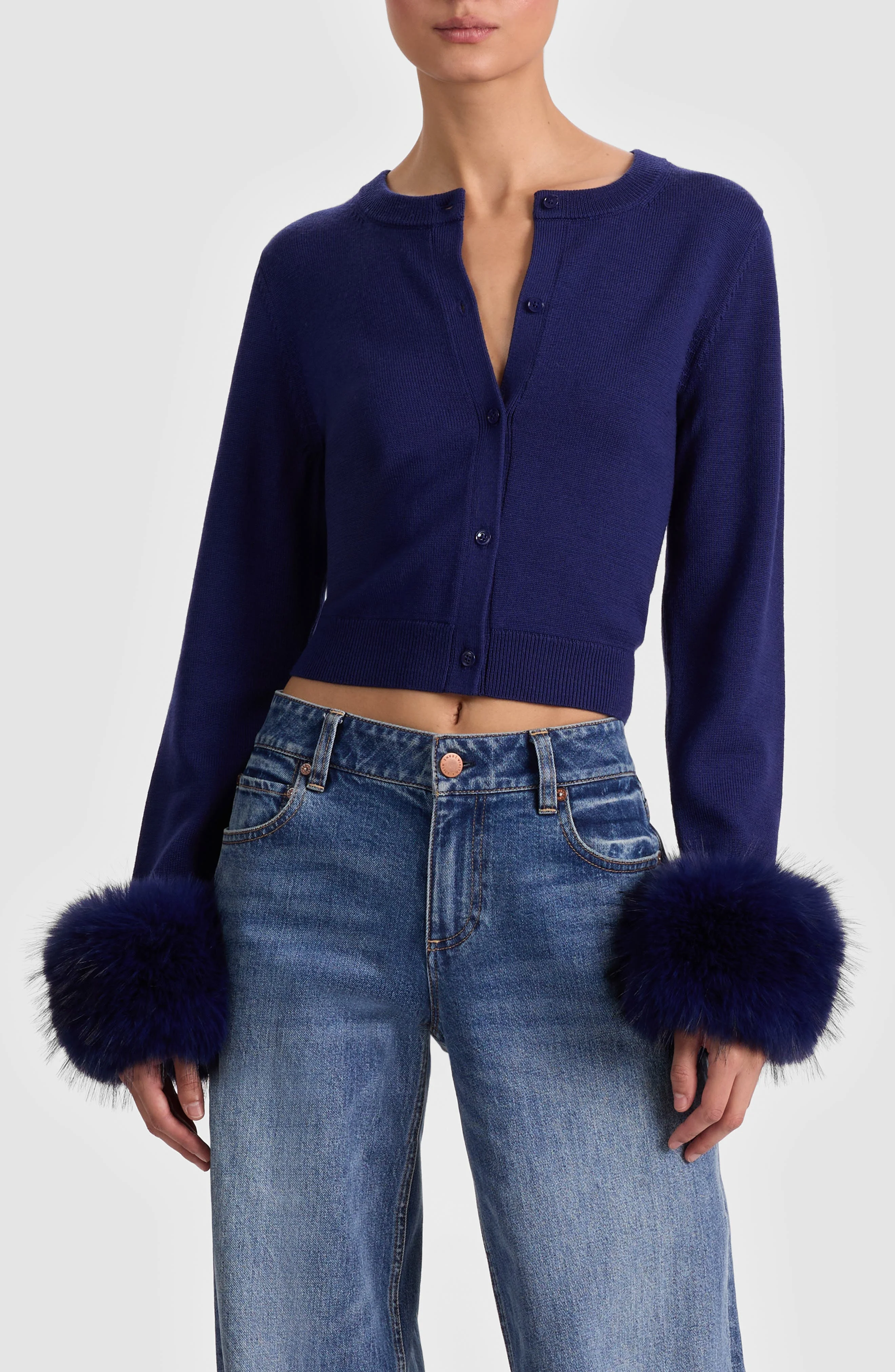 Alice + Olivia Dollie Faux Fur Cuff Wool Cardigan in Midnight Blue at Nordstrom - 1