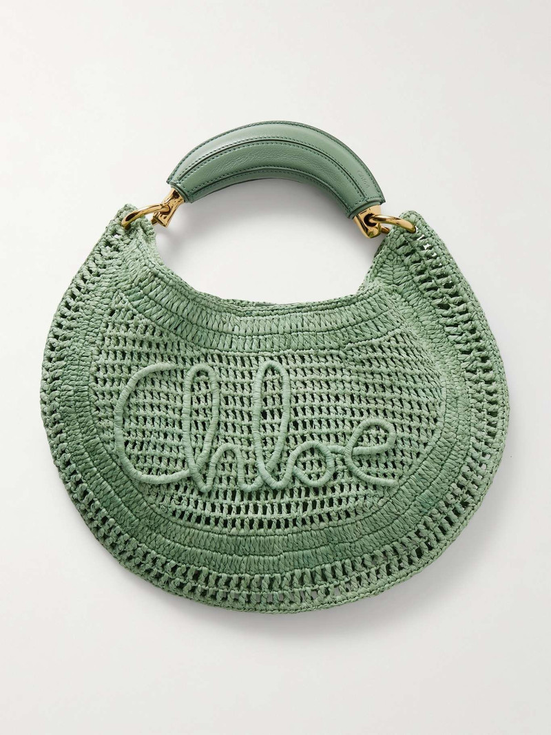Summer Banana leather-trimmed embroidered raffia tote Mint - 1