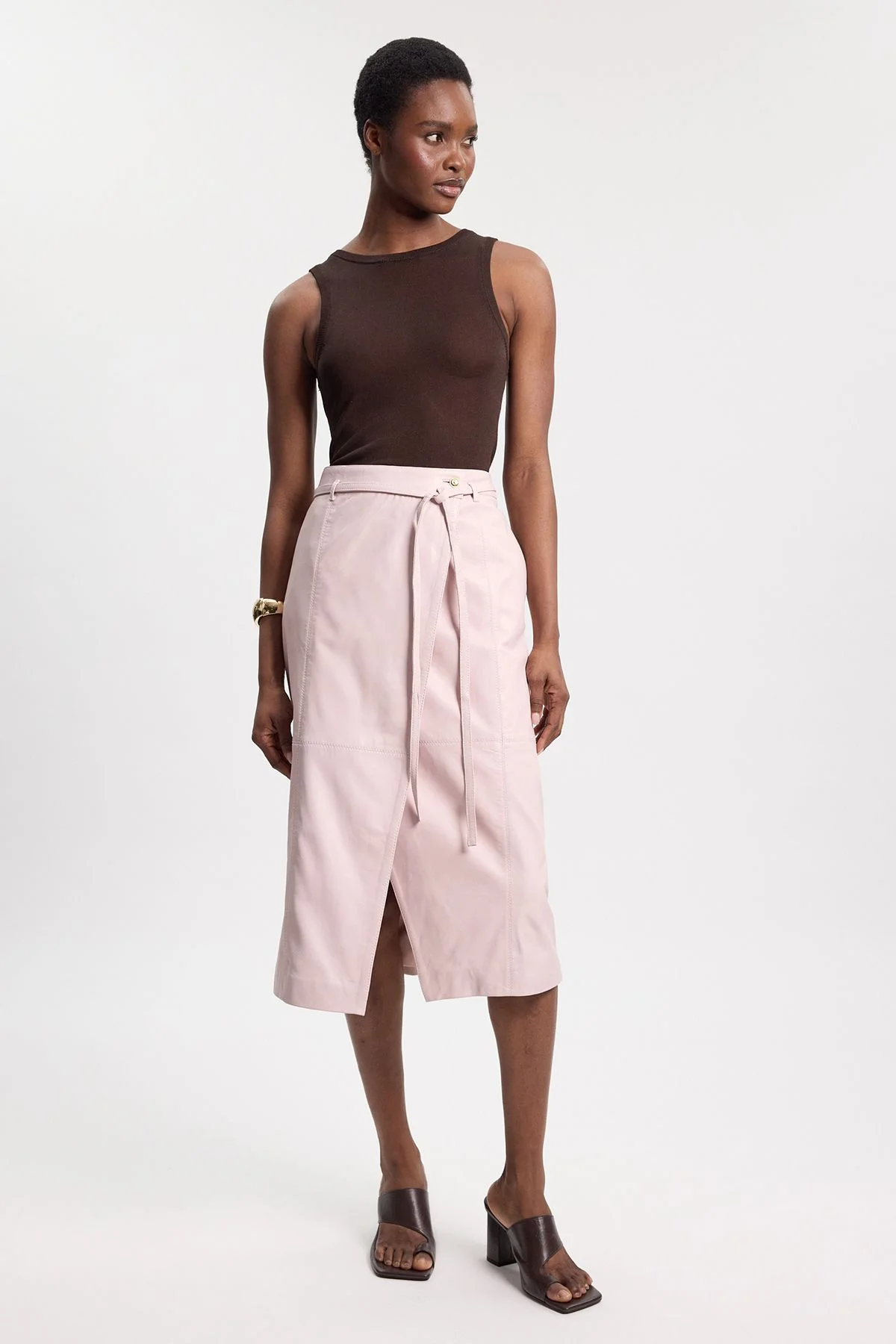 Leather Tie Up Belted Midi Skirt - 1