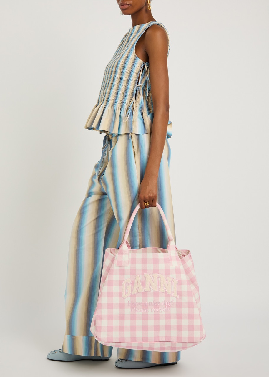 Ganni Vichy Xxl Checked Shopper Canvas Tote - 5
