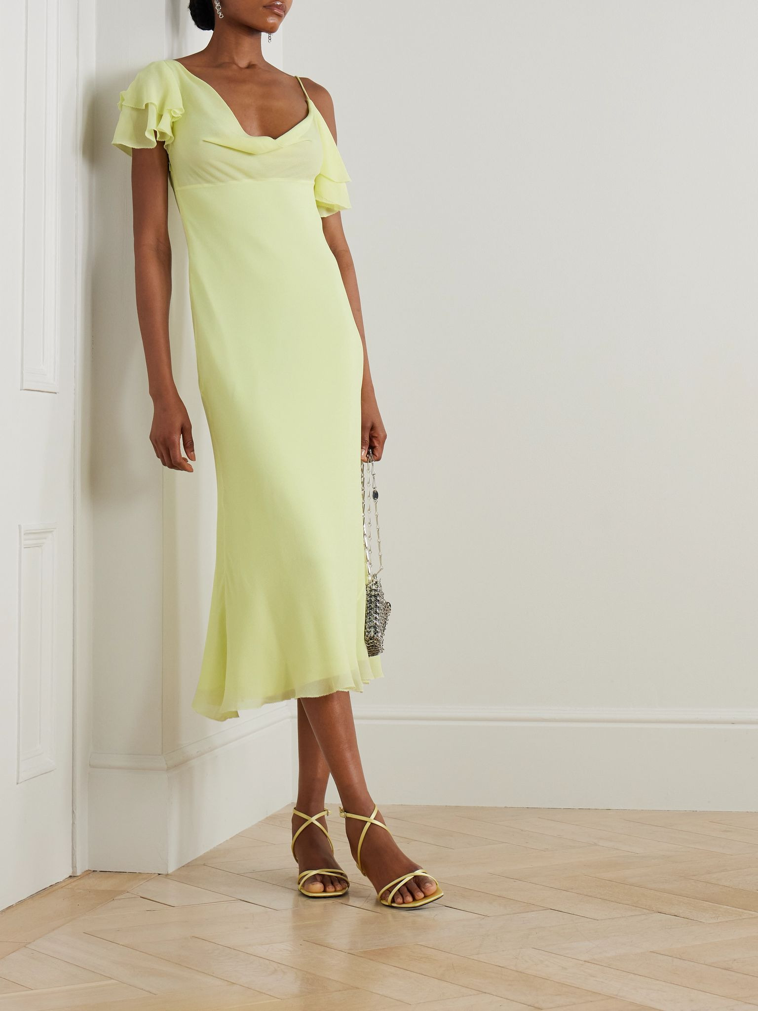 Asymmetric ruffled draped georgette midi dress Yellow - 2