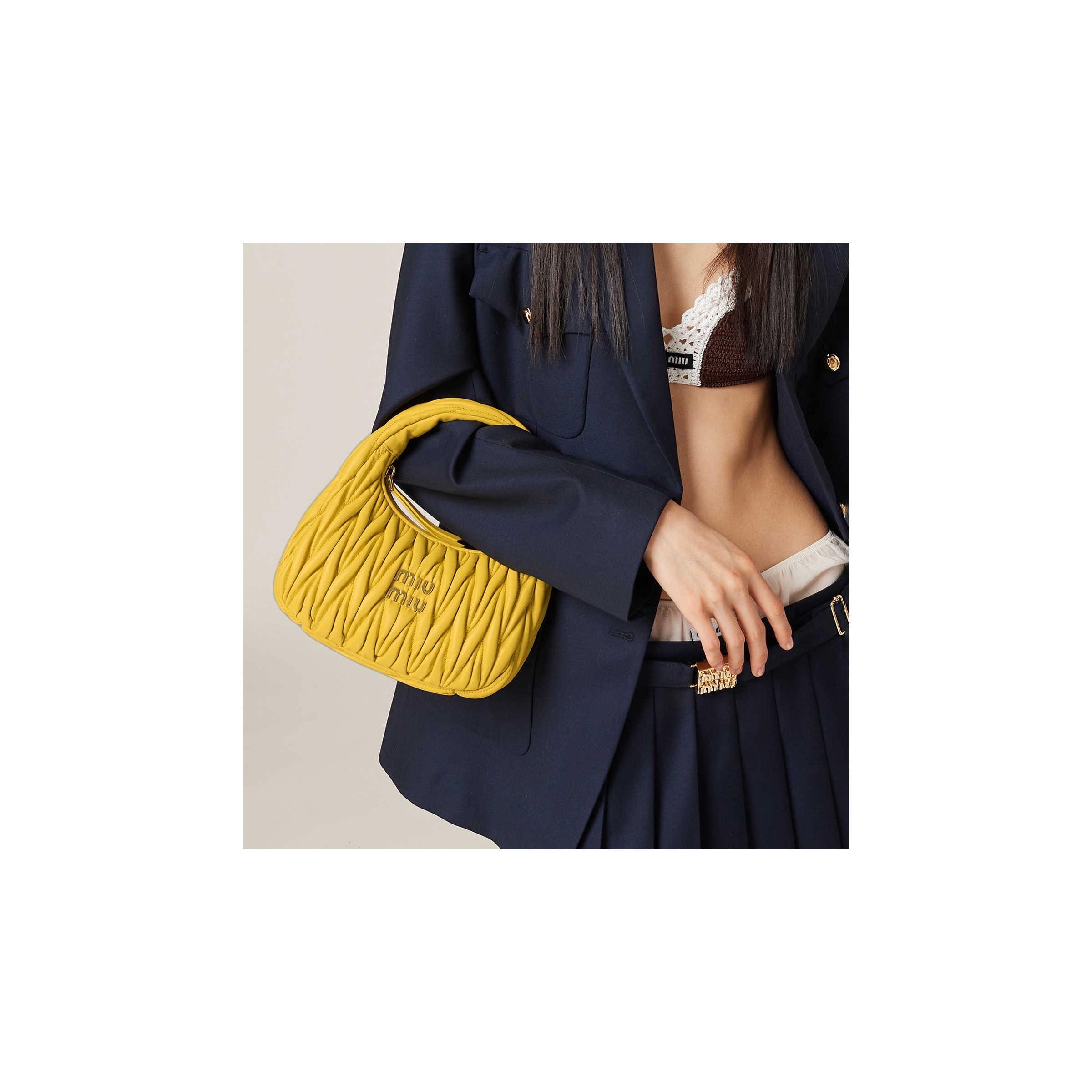 Miu Miu Wander Matelasse Nappa Leather Mini Hobo Bag, Yellow