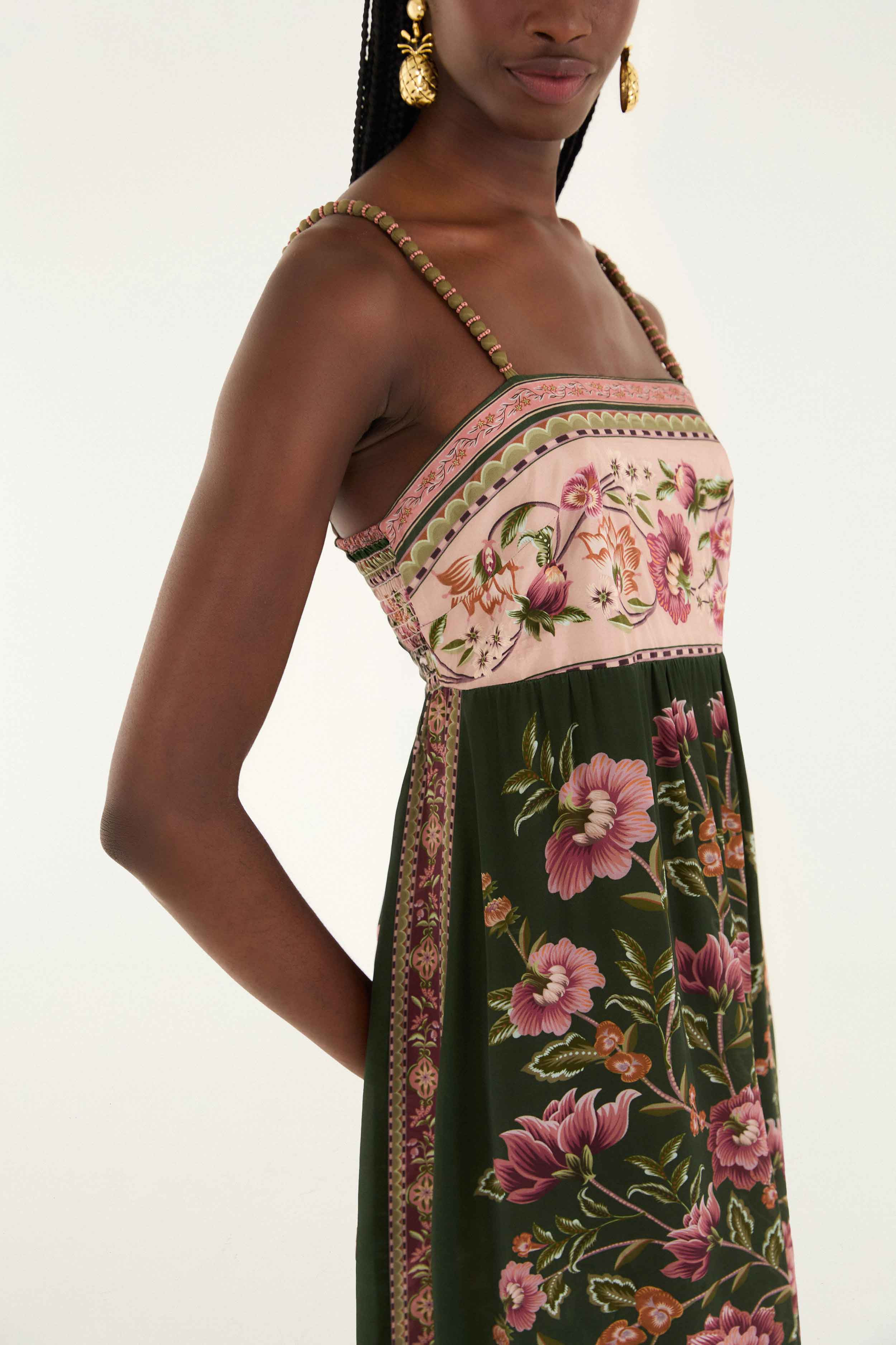Green Flowering Garden Tree Sleveeless Midi Dress - 5