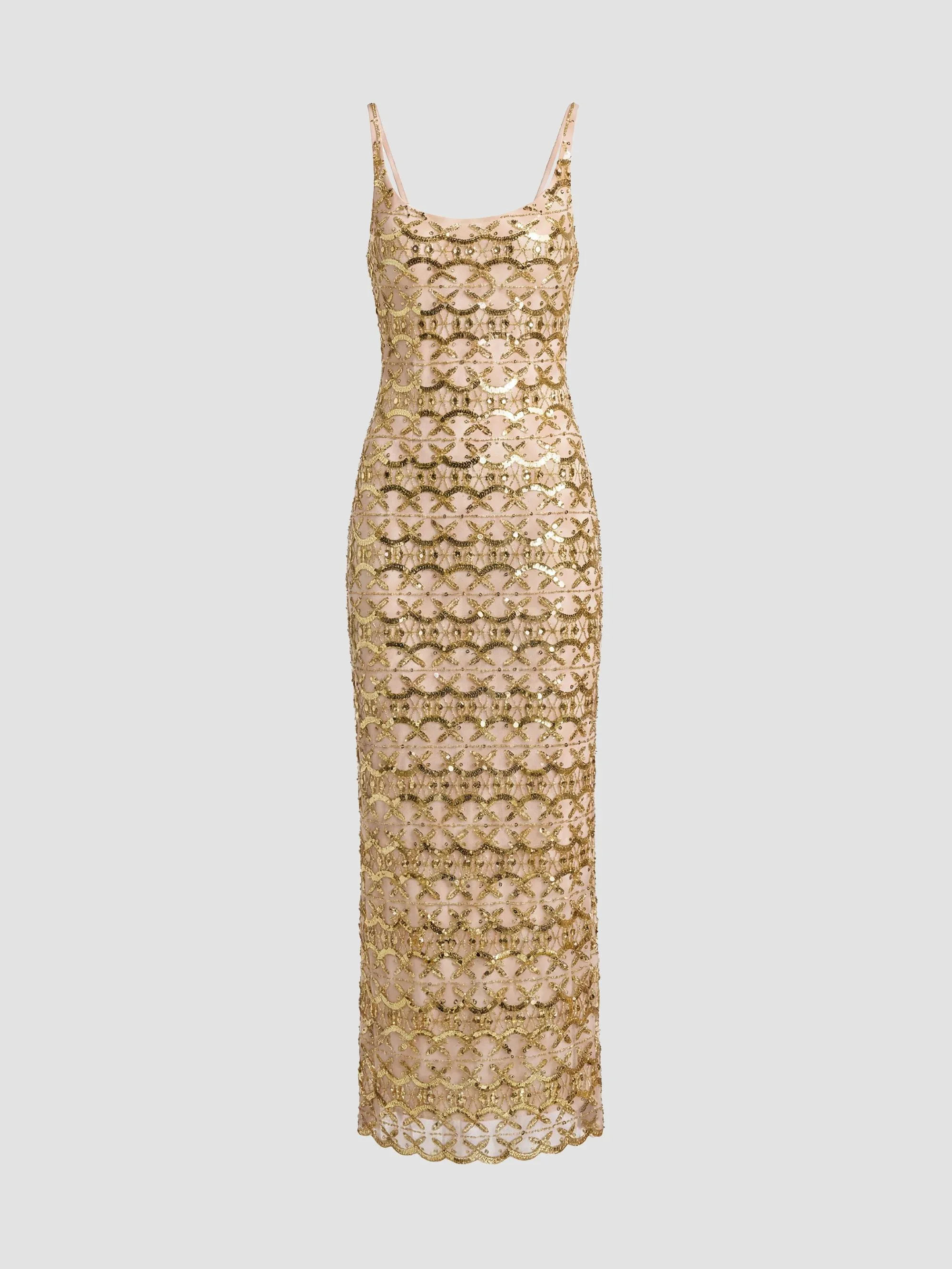 Women's Beaded Column Cocktail Dress - Beige Gold - 1