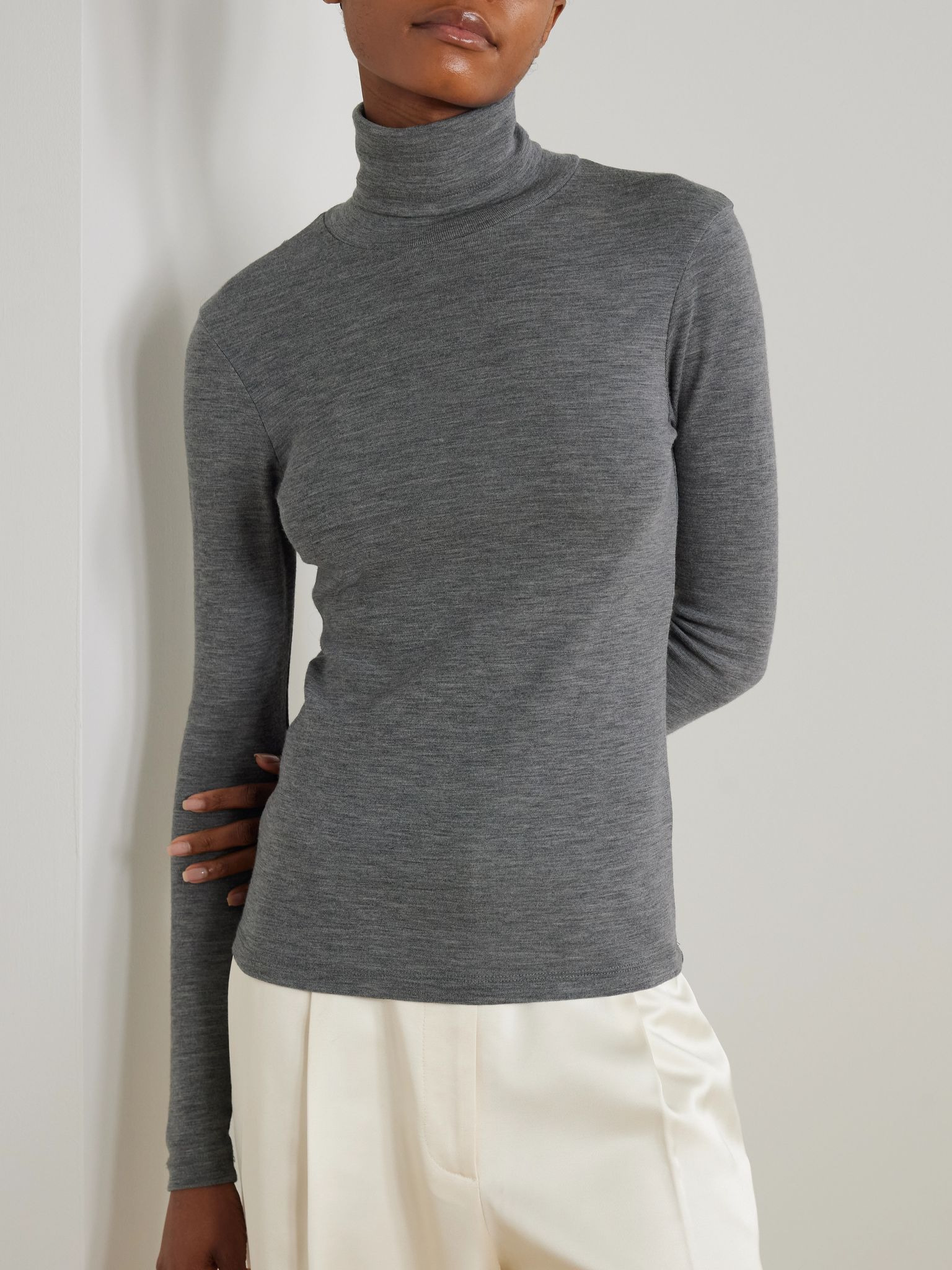 Convertible layered merino wool-jersey turtleneck top Charcoal - 6