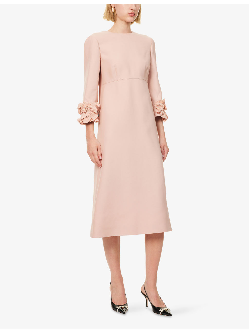 Embellished Thee-Quarter Sleeves Wool And Silk Midi Dress - 3