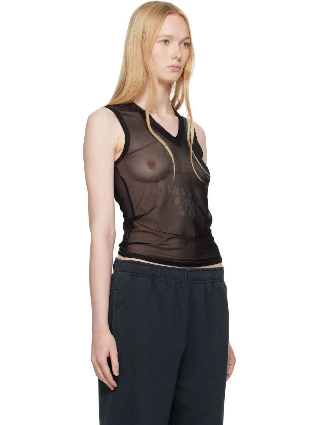 Black Elastic Jersey Mesh Tank Top - 2