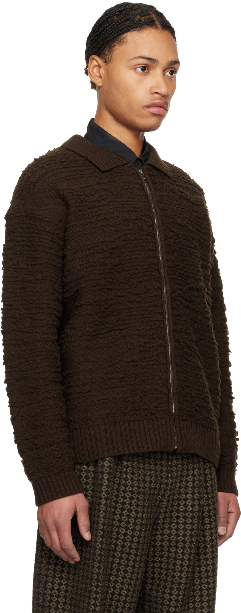 YOKE Brown Random Jacquard Front Zip Cardigan outlook