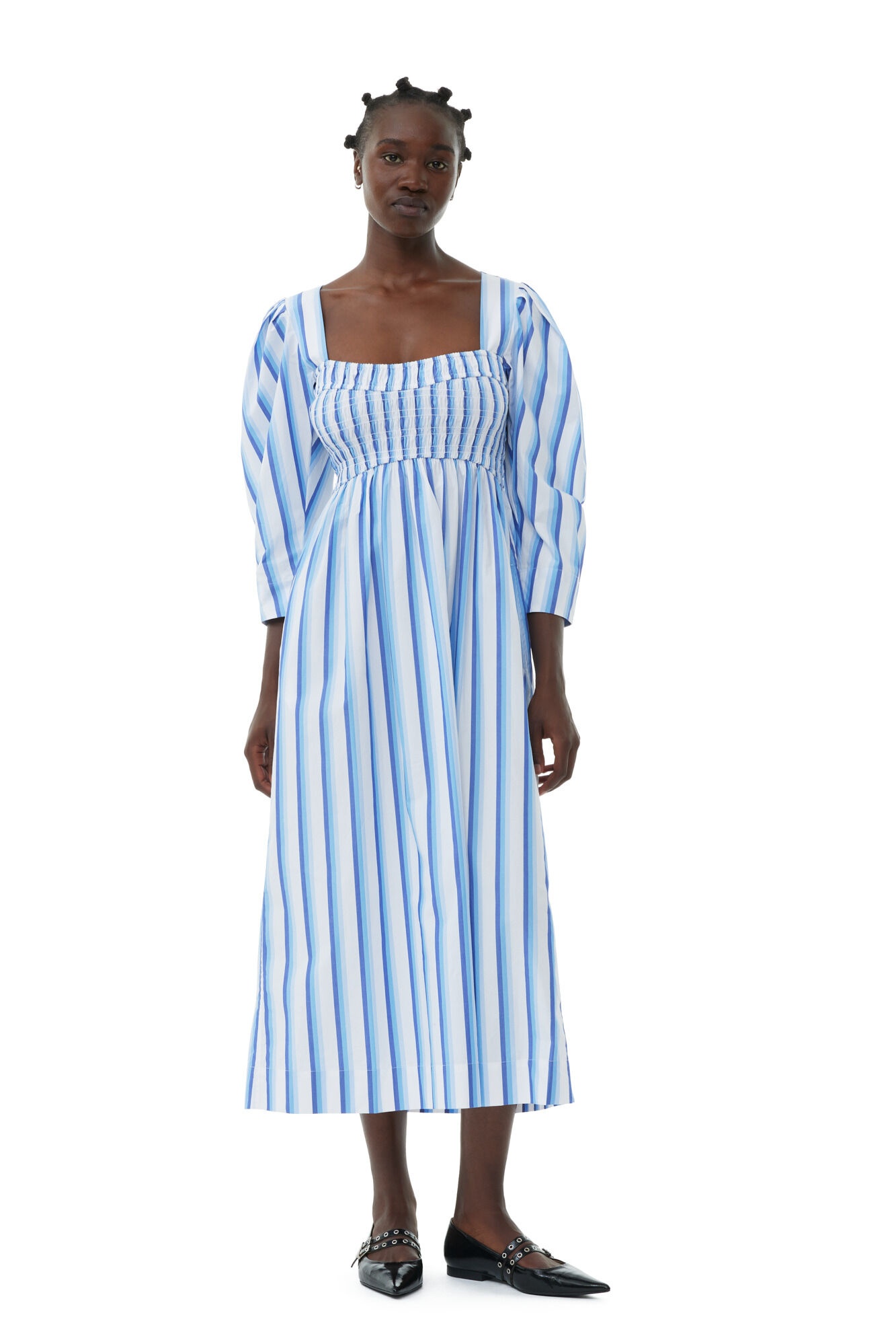 BLUE STRIPED COTTON SMOCK LONG DRESS - 3