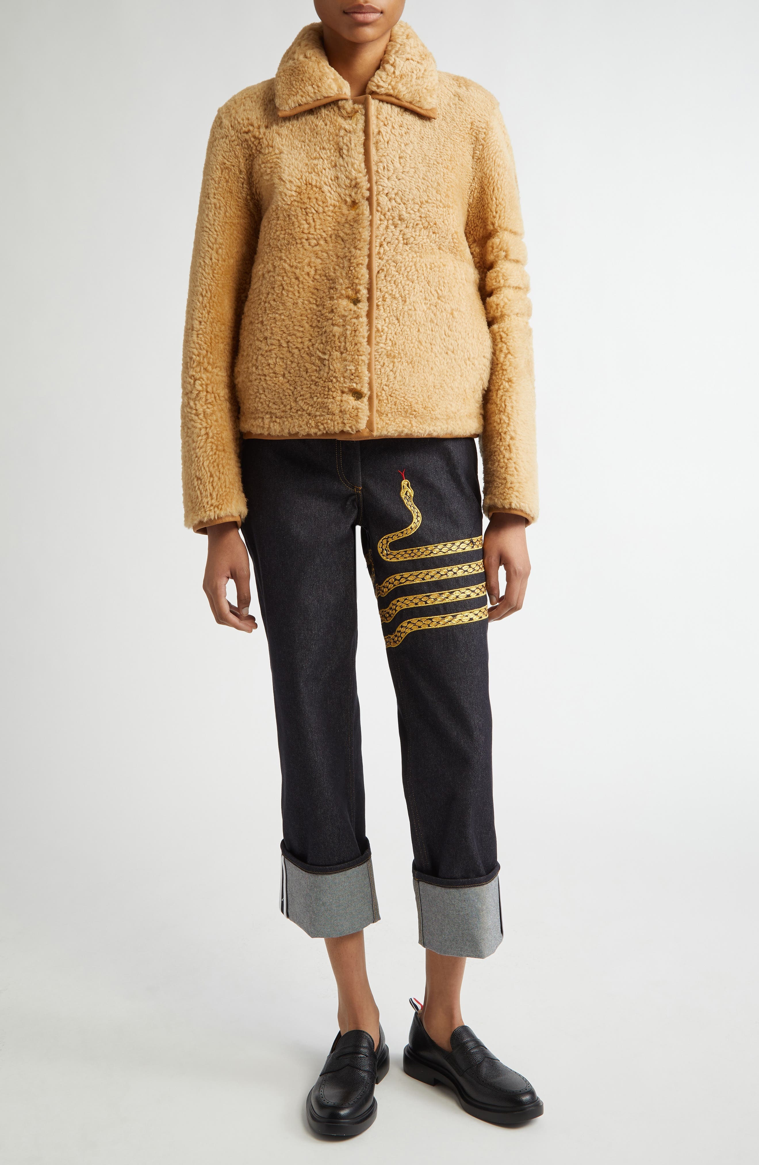 Thom Browne Genuine Shearling Jacket in Camel at Nordstrom - 2