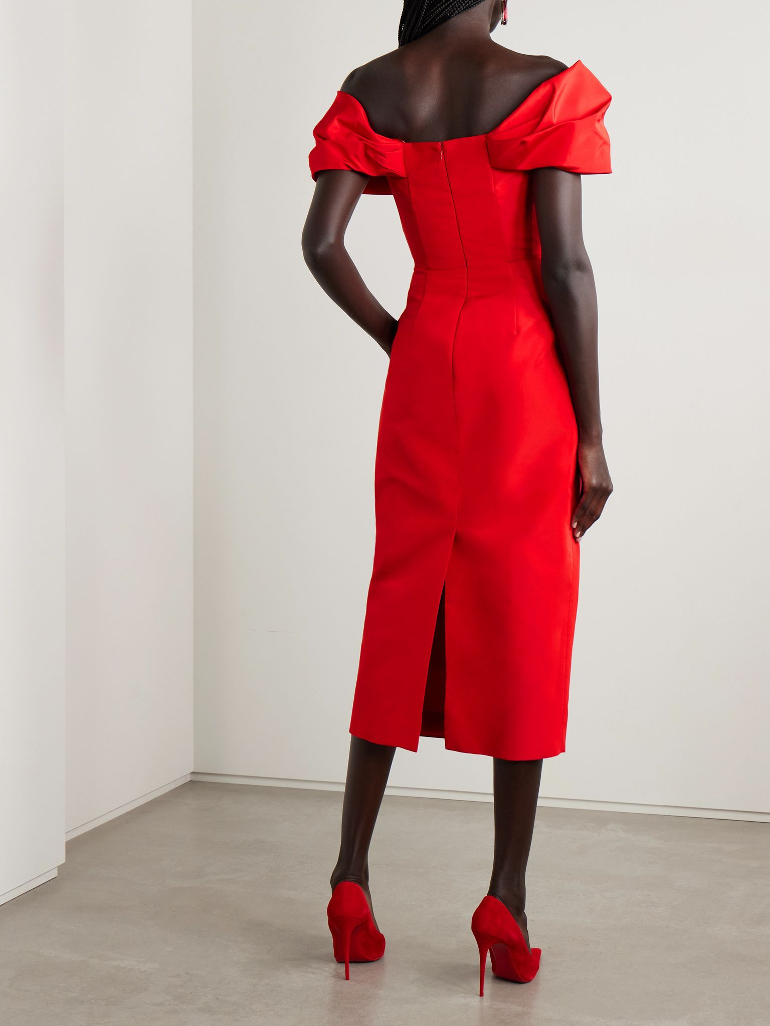 Off-the-shoulder pleated silk-faille midi dress Red - 3