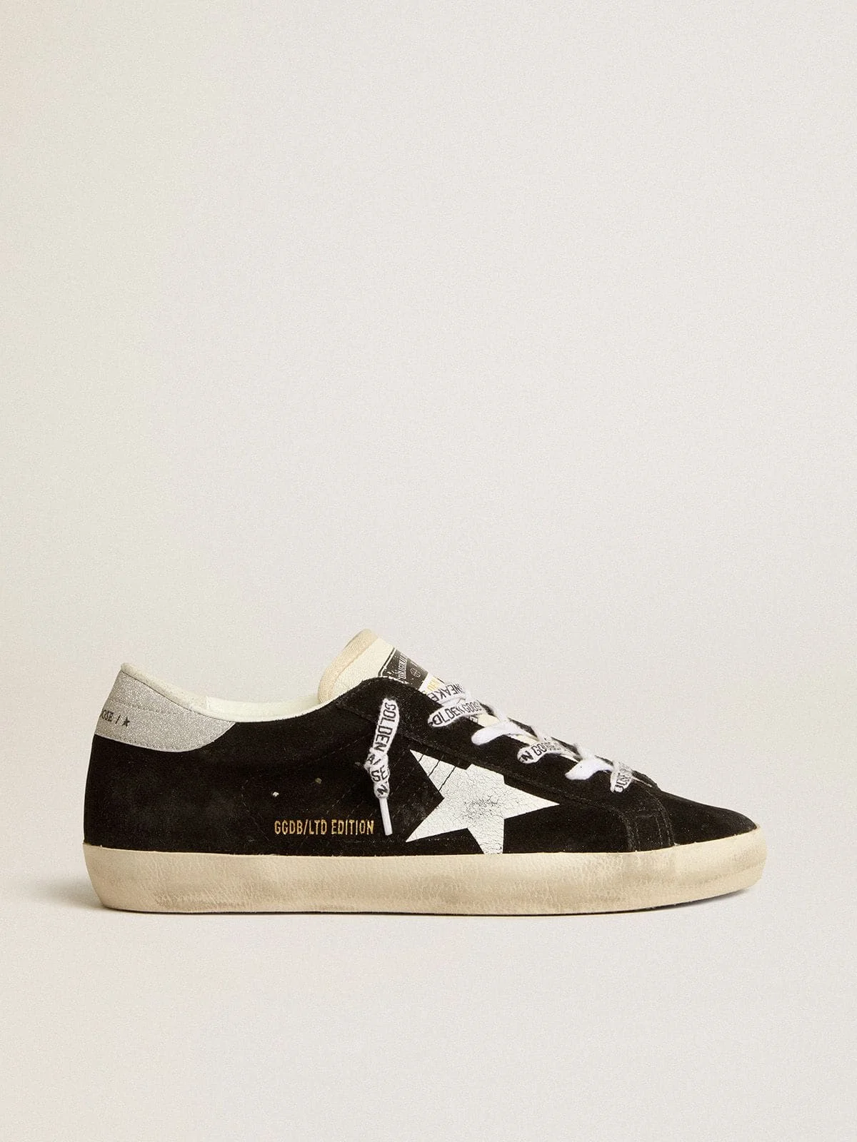 Women's Super-Star LTD in black suede with white printed star and silver glitter heel tab - 1