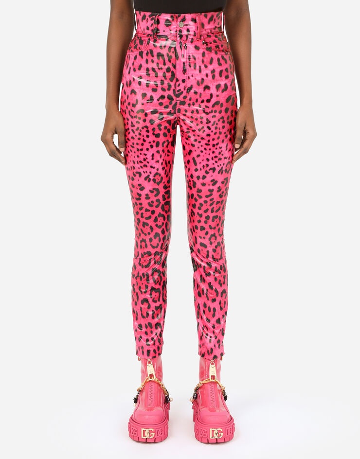 Foiled nylon jeans with neon leopard print - 1