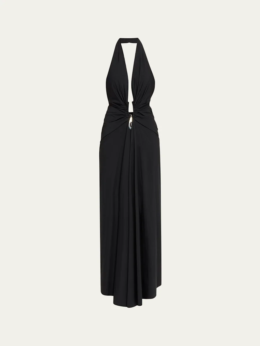 Crystal Pendant Plunging Halter Maxi Dress - 1