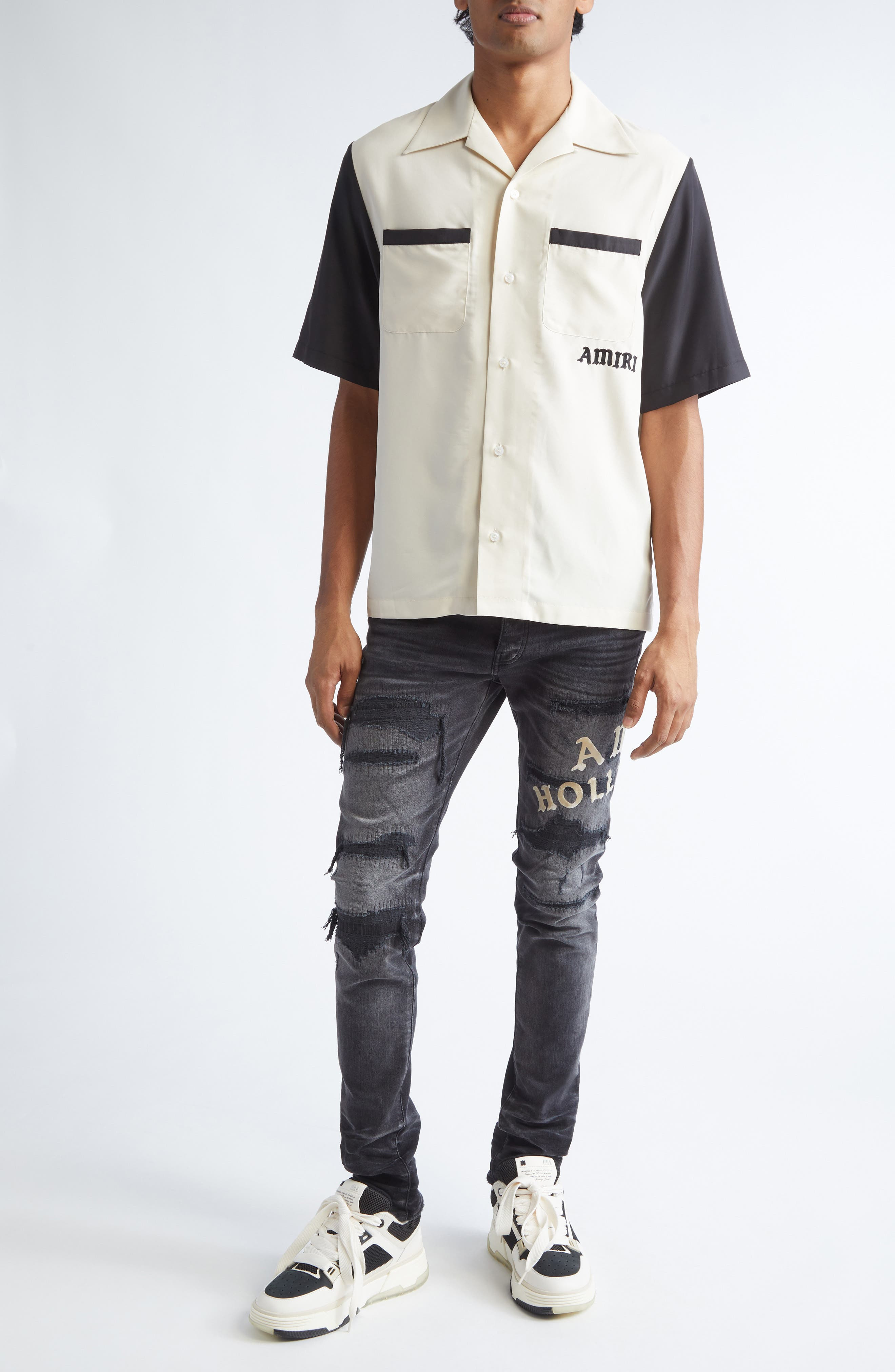 AMIRI Hollywood Appliqué Rip & Repair Slim Fit Jeans in Faded Black at Nordstrom - 2