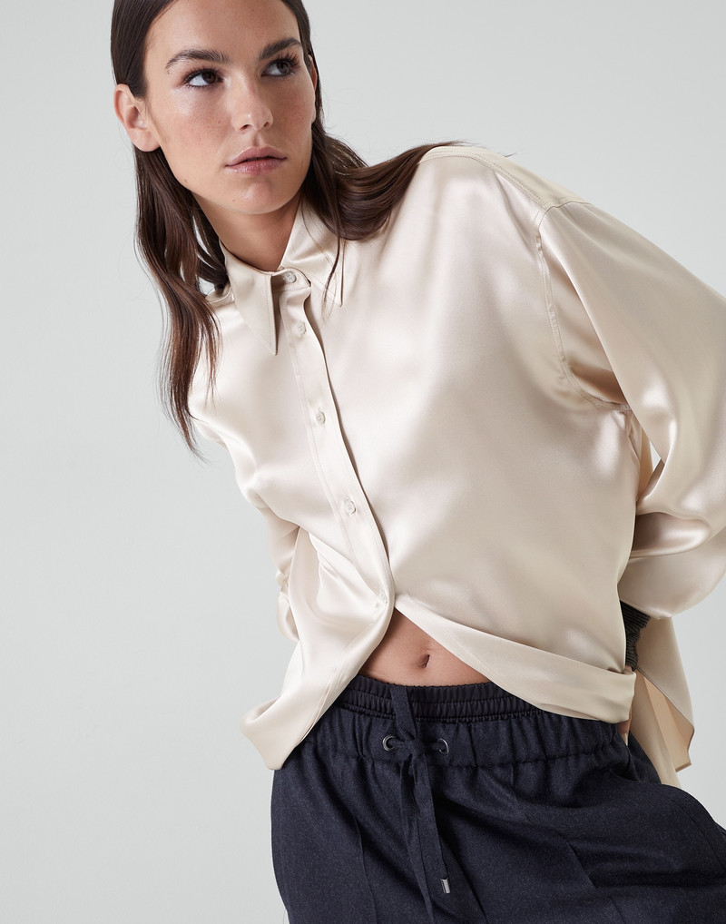 Stretch silk satin shirt with precious contrast cuffs 4