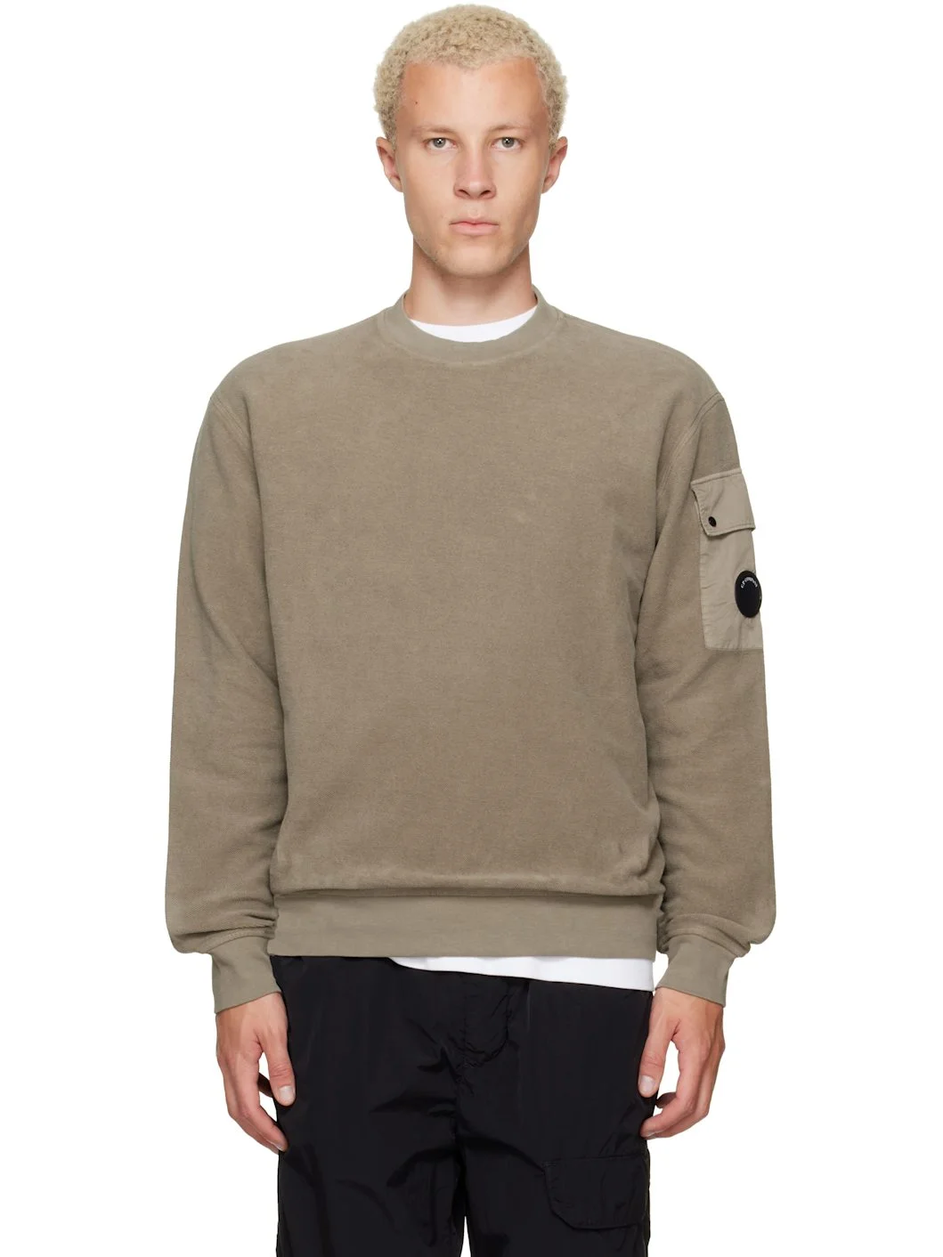 Taupe Crew Neck Brushed Emerized Diagonal Fleece Sweatshirt - 1