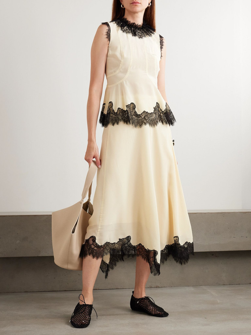 ULLA JOHNSON Rosine lace-trimmed silk crepe de chine midi skirt Cream outlook