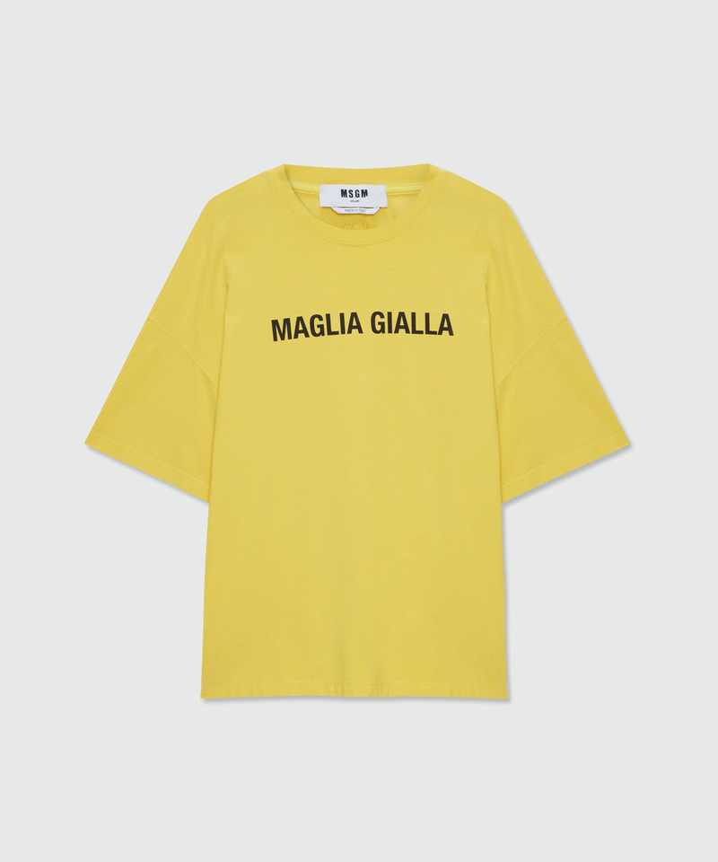 Yellow short-sleeve cotton jersey T-shirt with printed quote on the front 1