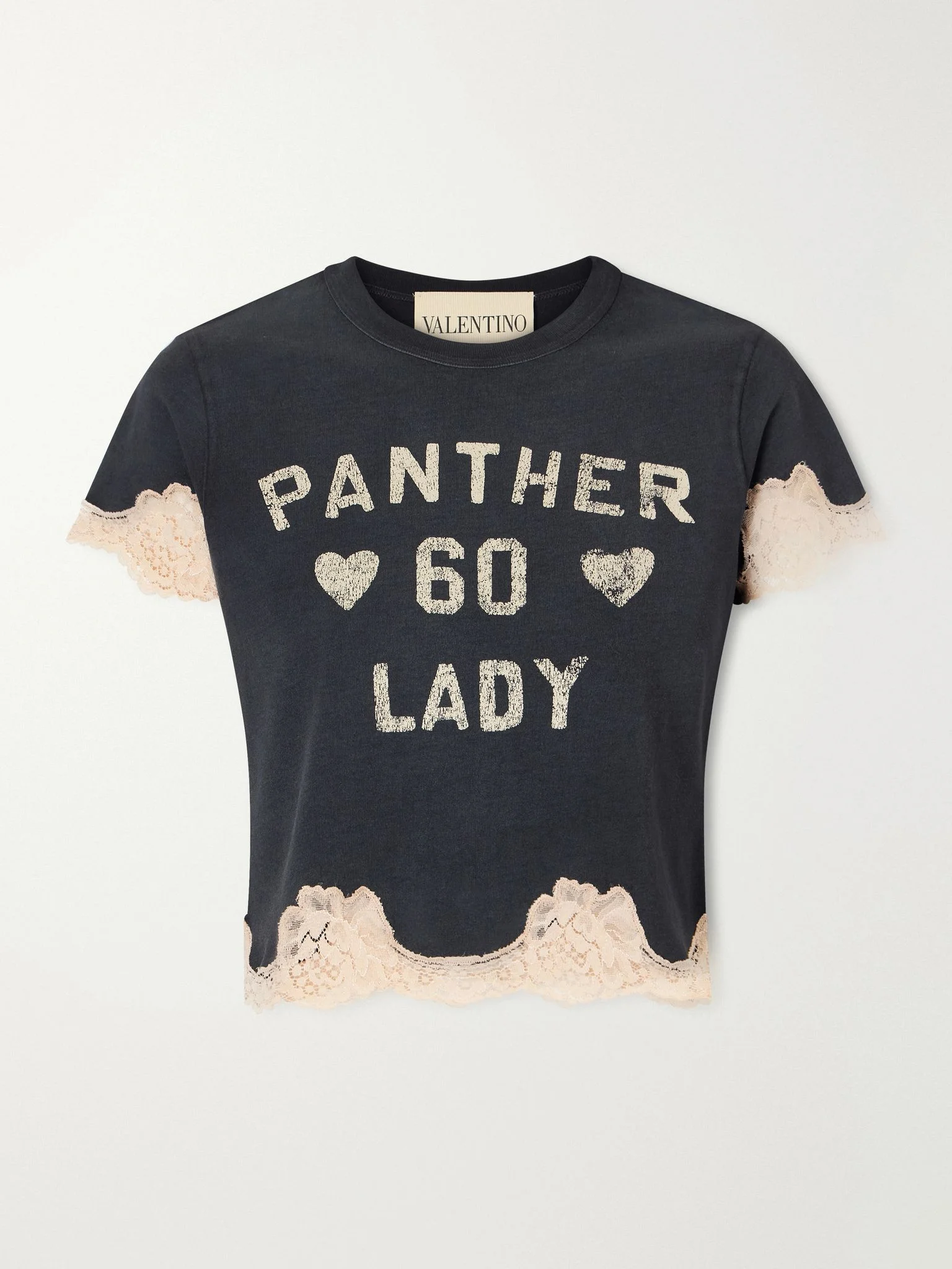 Cropped printed lace-trimmed cotton-jersey T-shirt Black - 1