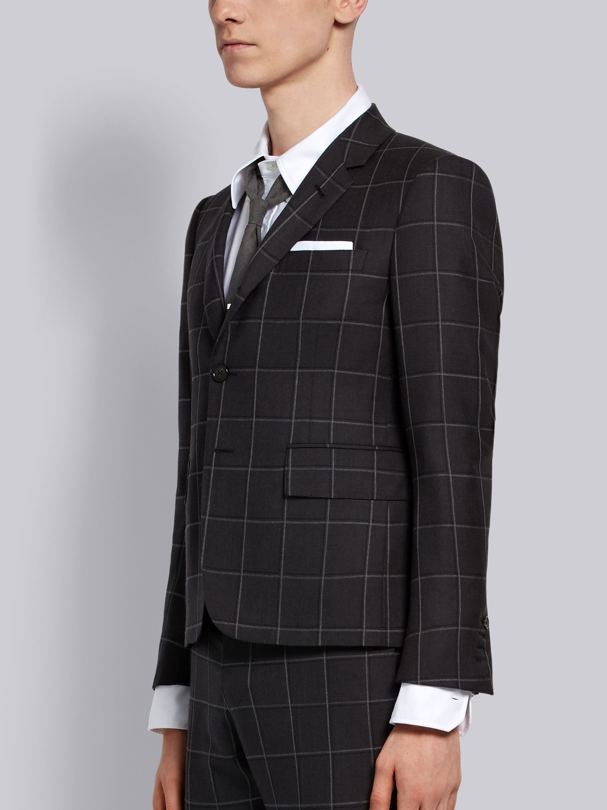 Dark Grey Super 100s Windowpane Narrow Shoulder Sport Coat - 2