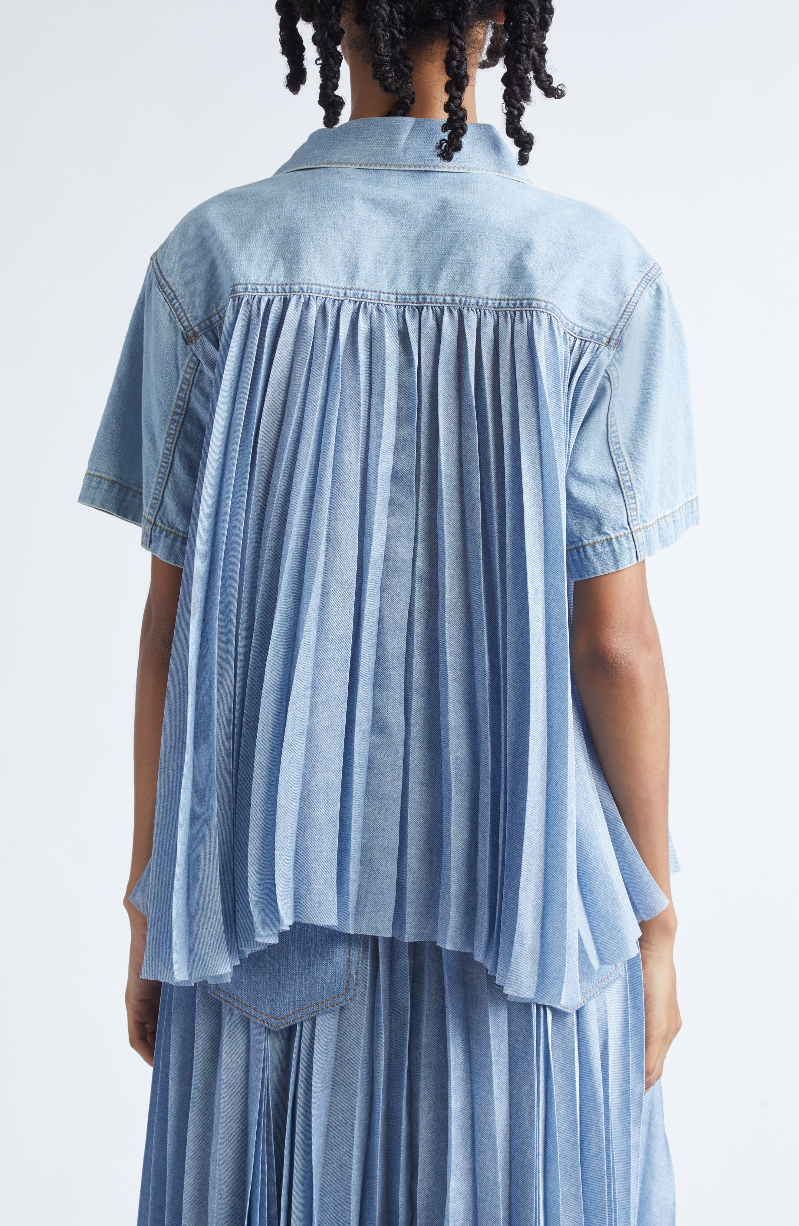 Sacai Mixed Media Short Sleeve Shirt in Light Blue at Nordstrom - 3