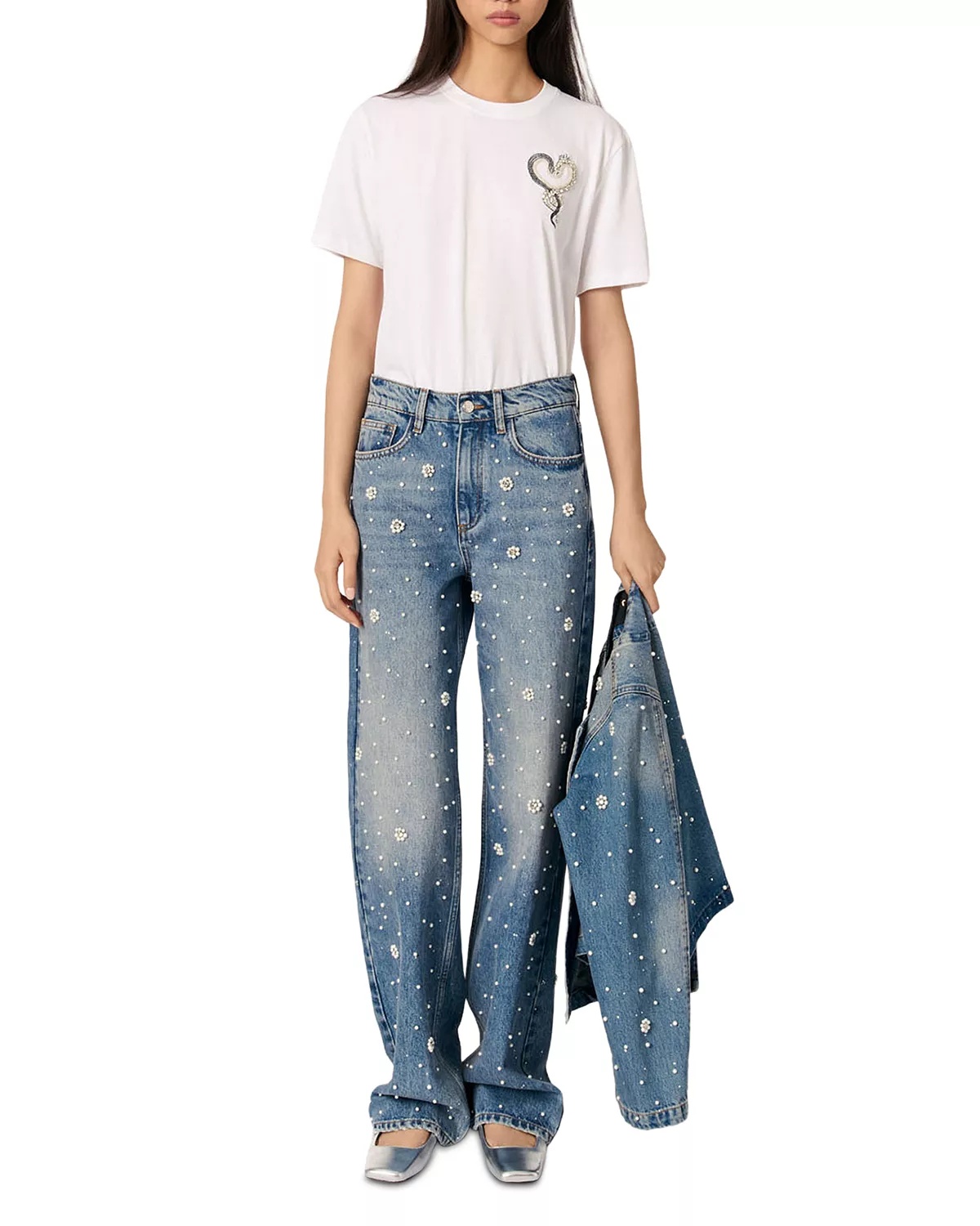 Embellished High Rise Wide Leg Jeans in Blue - 2