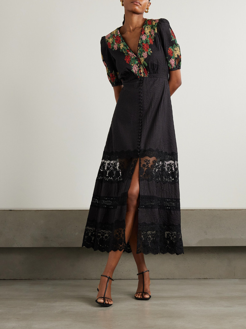 SALONI Lea Lace-trimmed Floral-print Pintucked Cotton-voile Midi Dress outlook