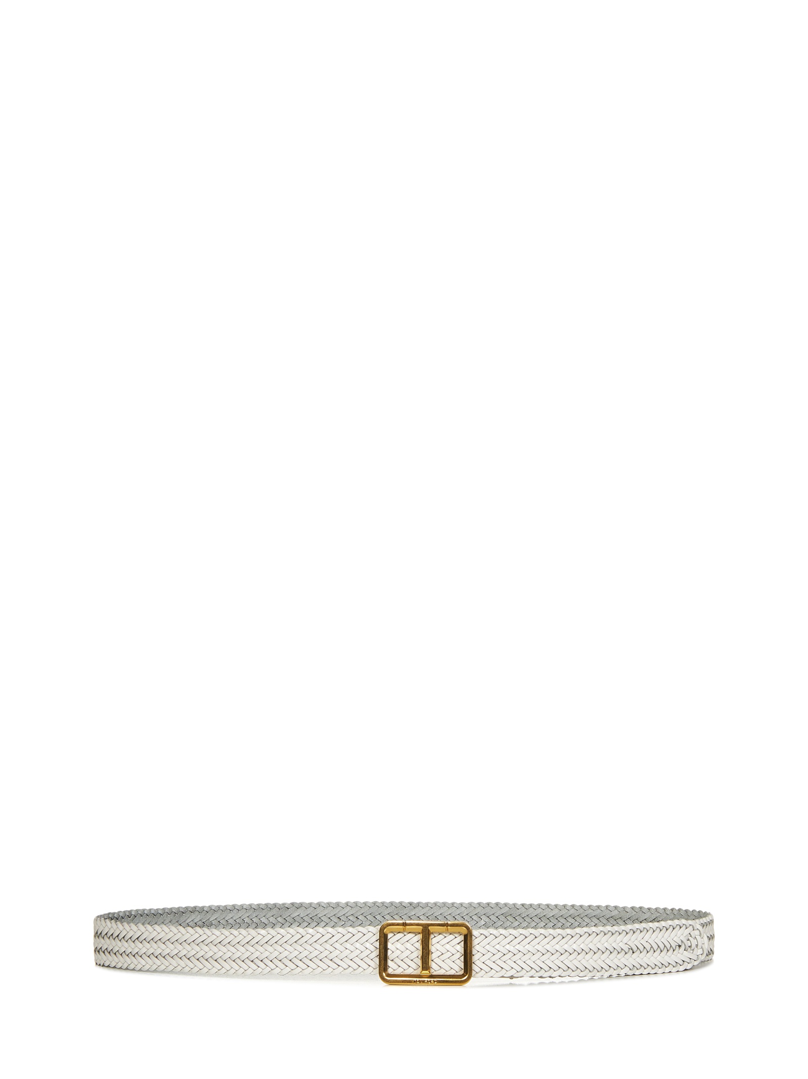 White woven calfskin belt with golden metal T-shaped buckle. - 1