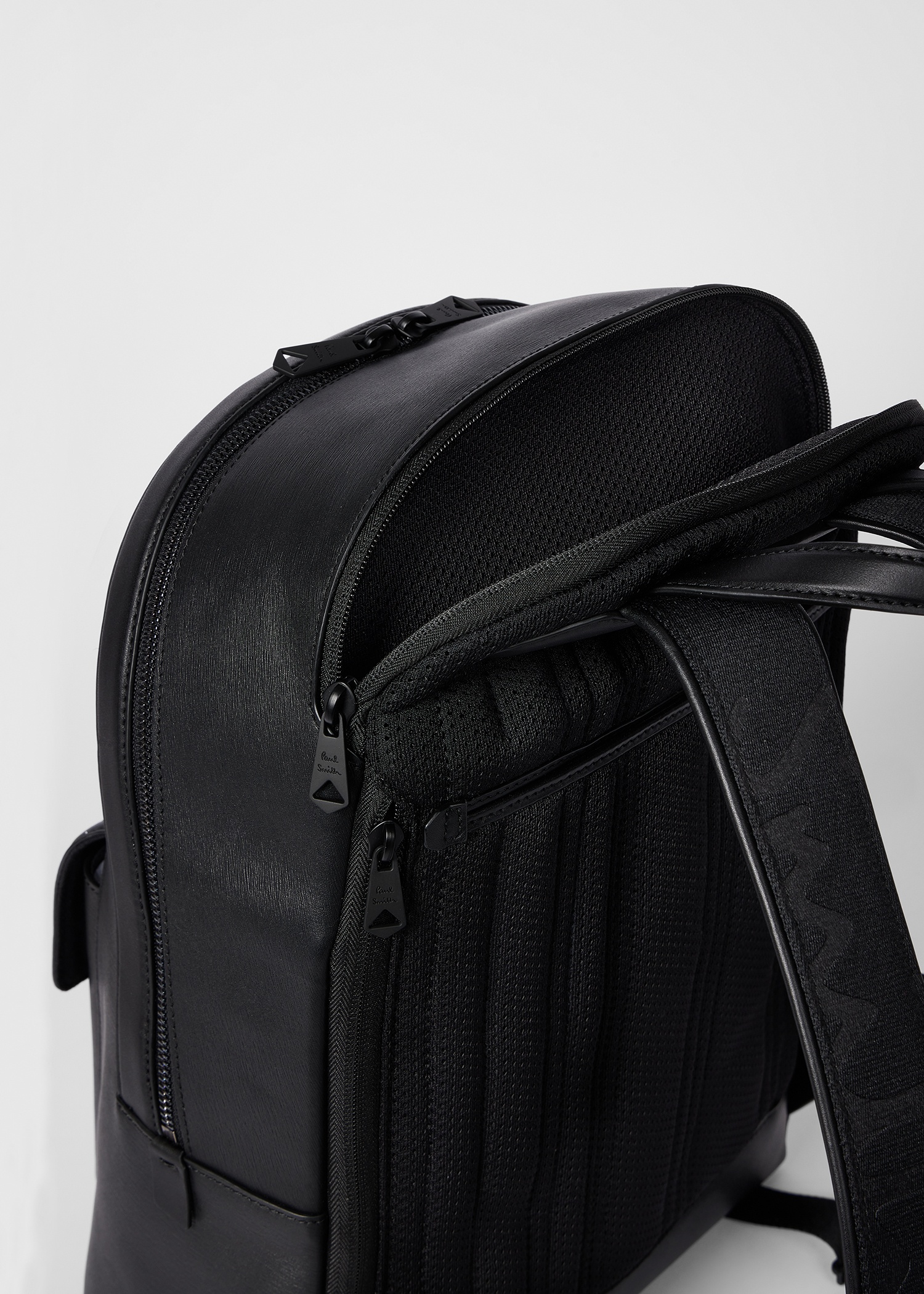Black Straw-Grain Embossed Leather Backpack - 5