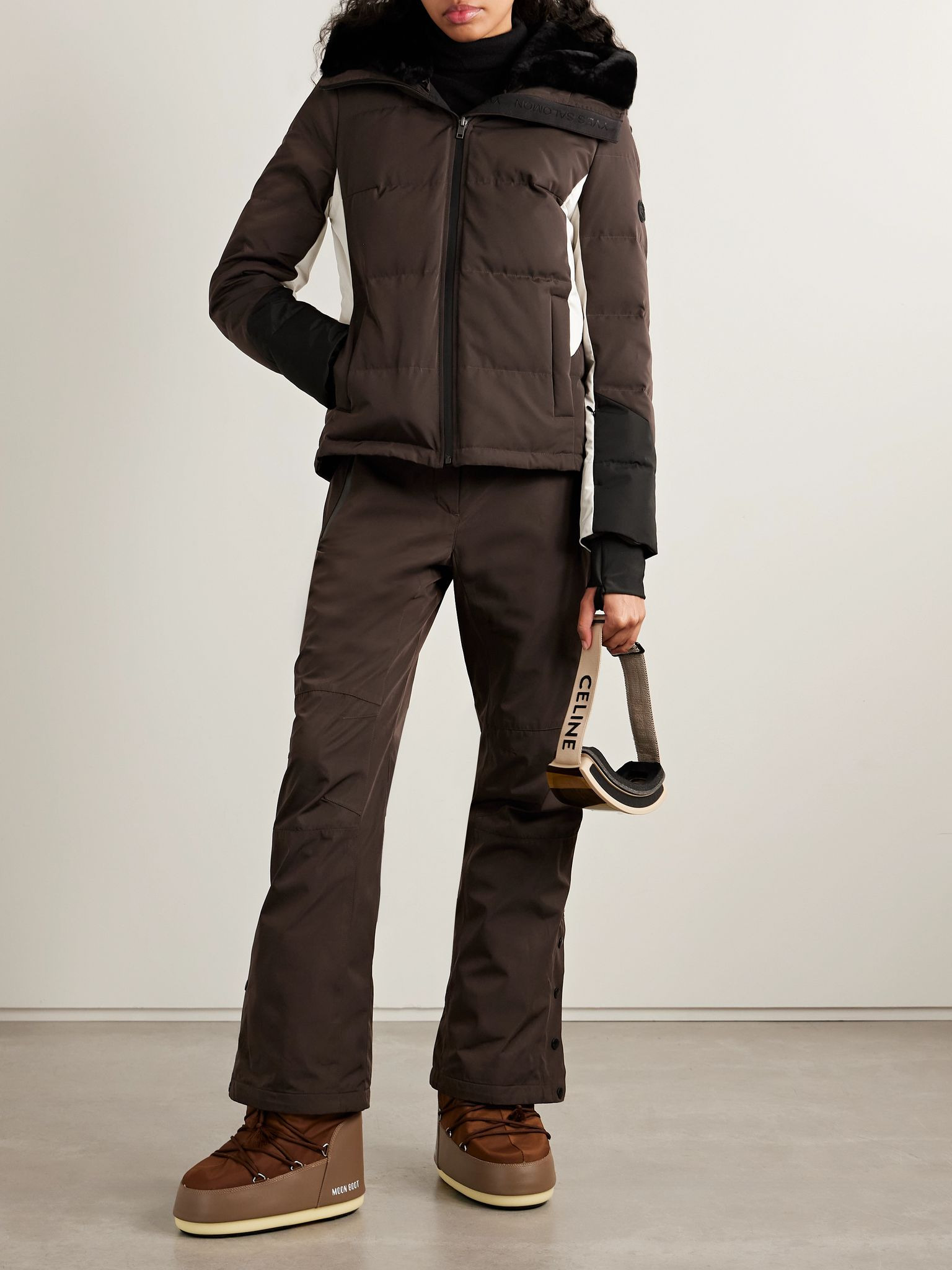 Shearling-trimmed color-block padded shell ski jacket Brown - 2