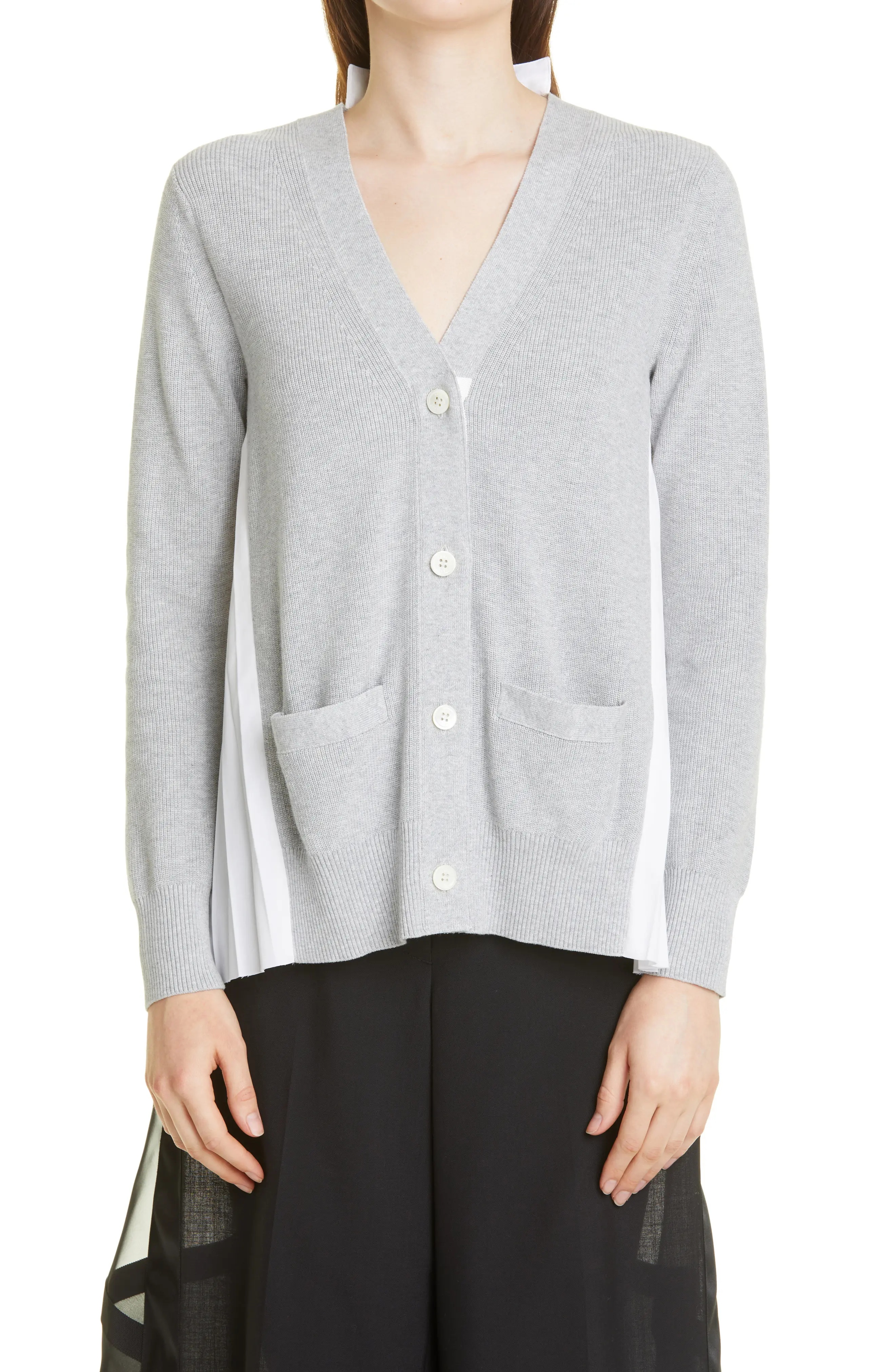 Pleated Back Cotton Cardigan in Light Grey/White - 1