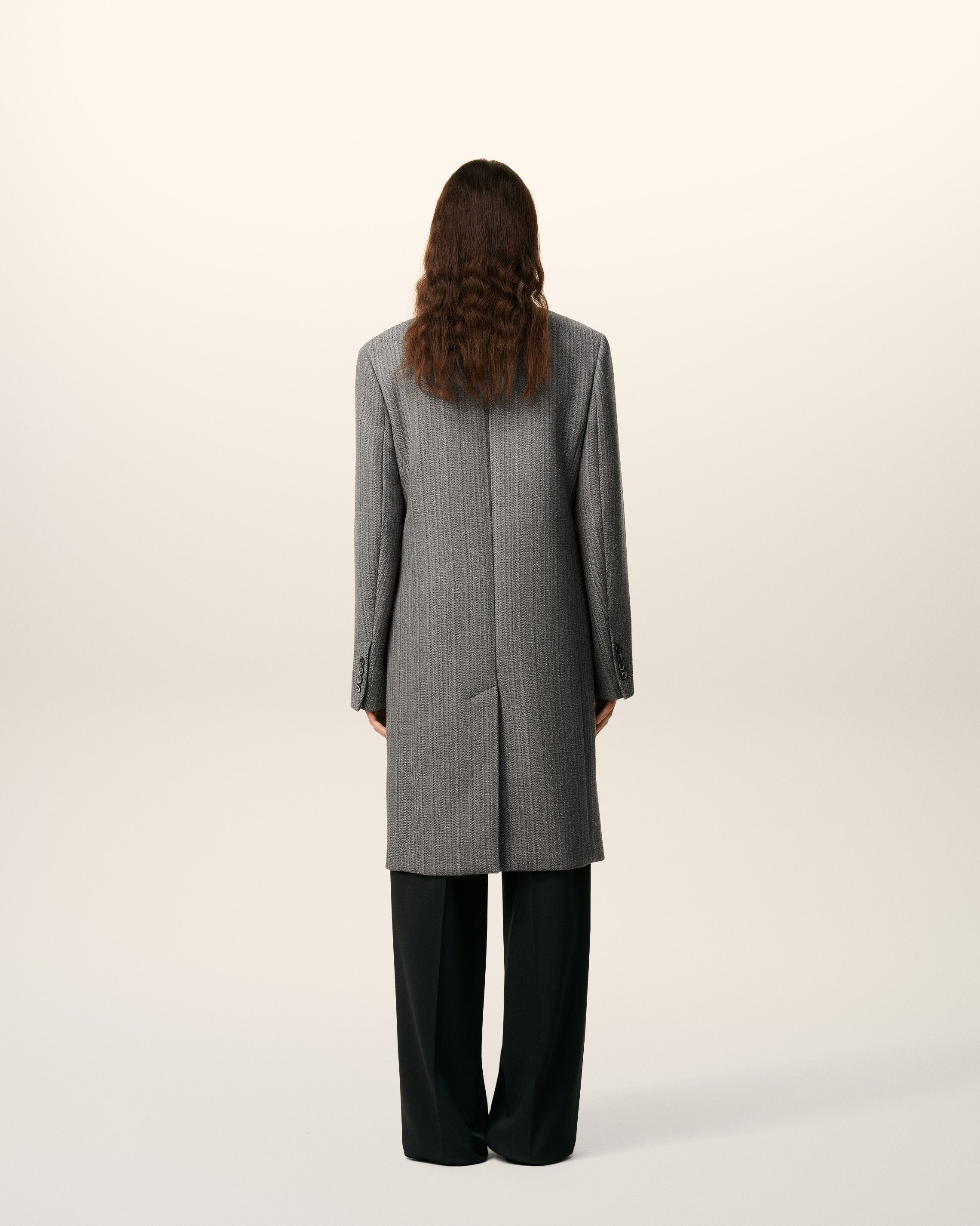 GREY WOOL HERRINGBONE DOUBLE BREASTED COAT - 5
