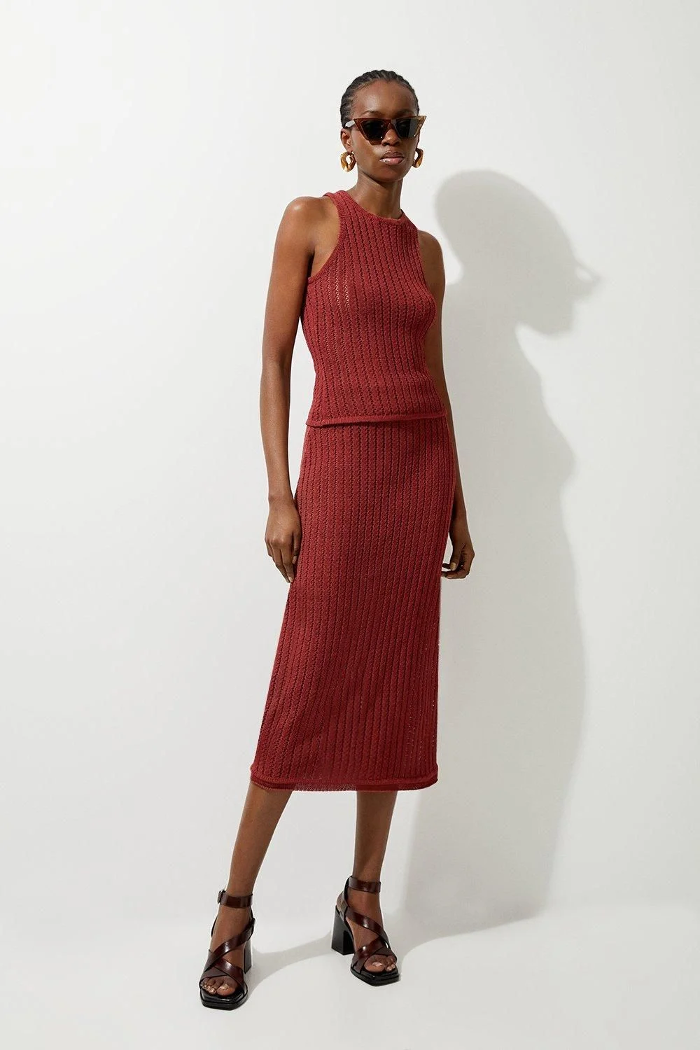 Open Stitch Detail Knit Midi Skirt - 1