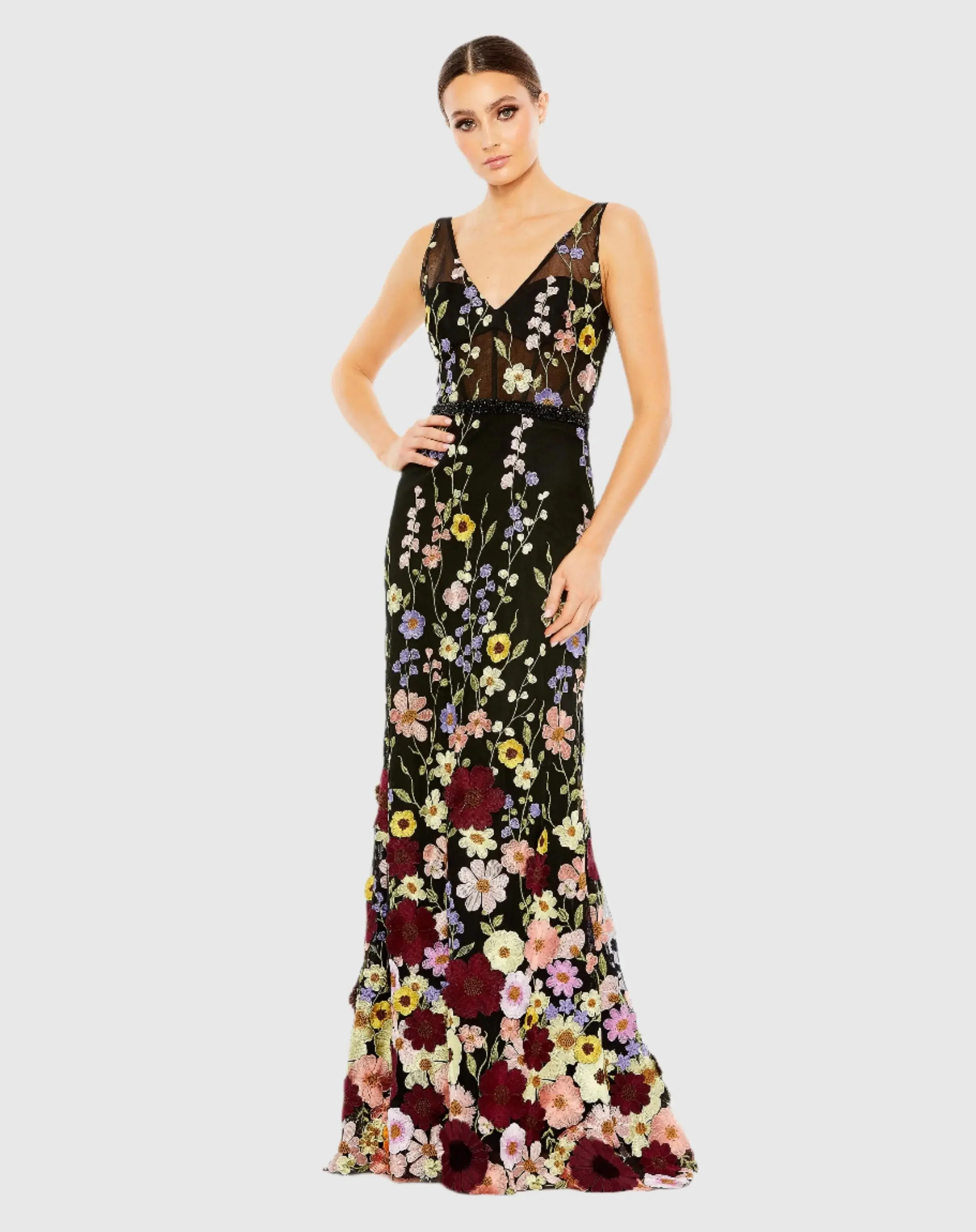 Black Sleeveless Floral Embroidered Evening Gown - 1