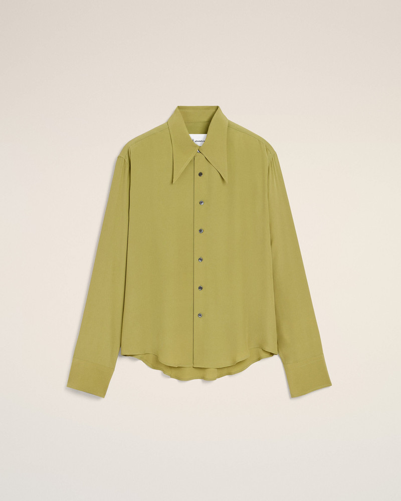 GREEN BLENDED SILK SHARP COLLAR ADJUSTED SHIRT 1