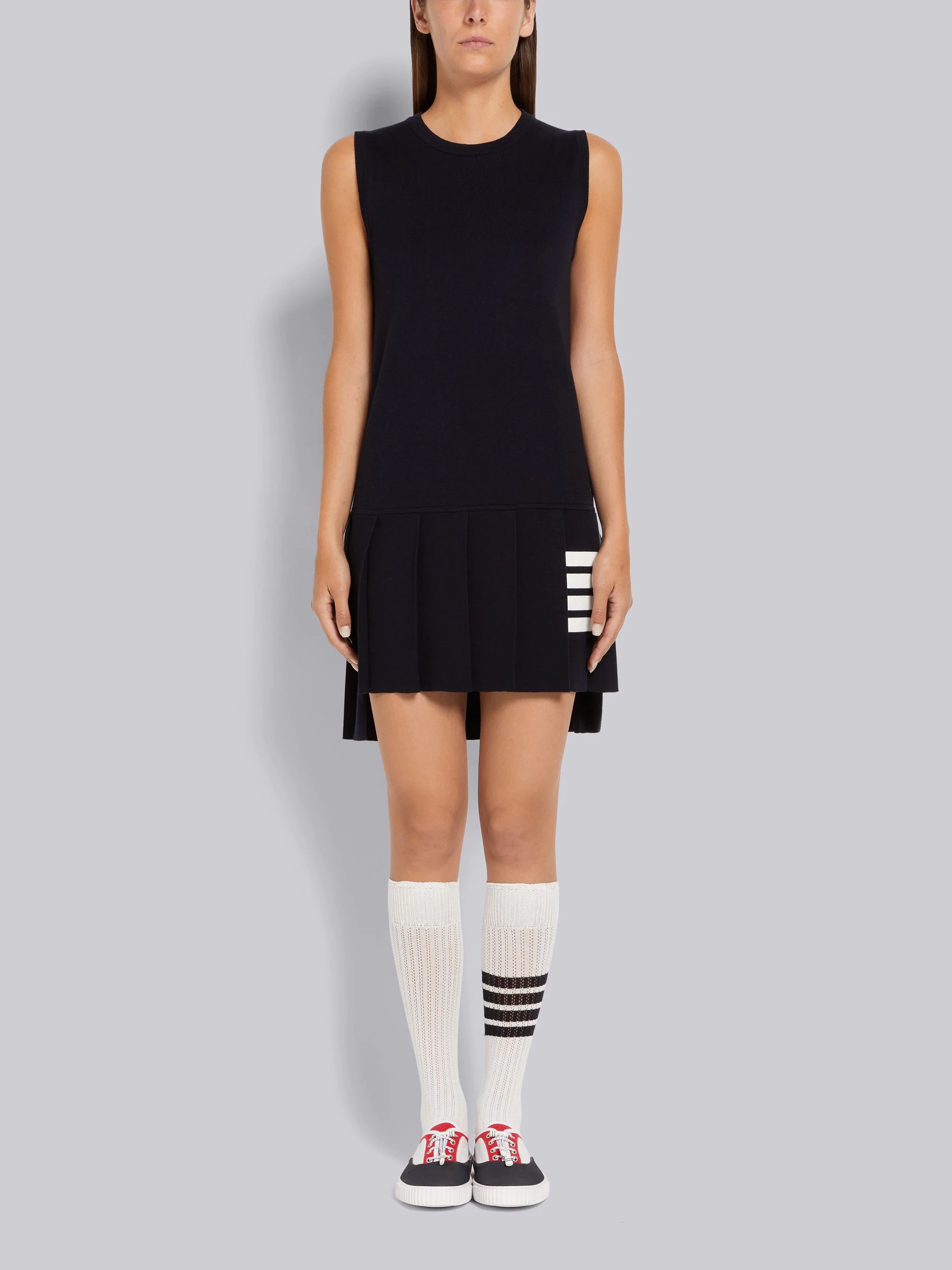 Navy Jersey Stitch Cotton 4-Bar Pleated Bottom Sleeveless Mini Dress - 1