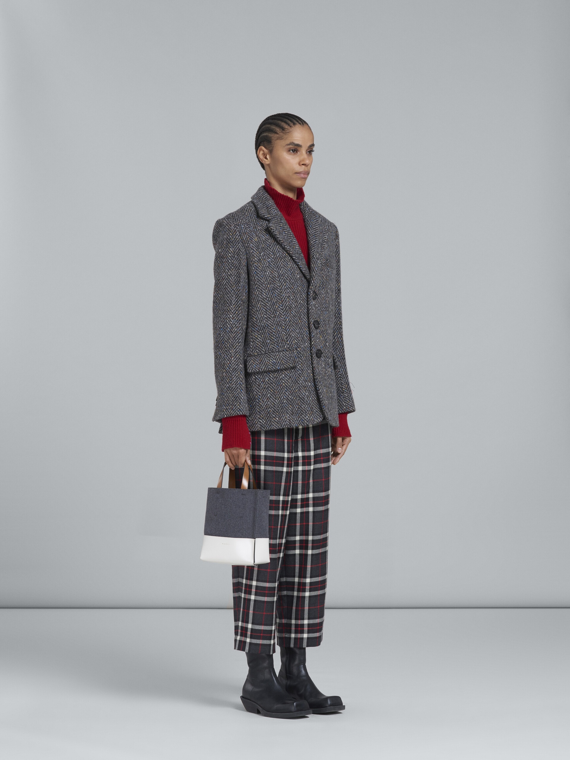 GREY TARTAN WOOL CROPPED PANTS - 5