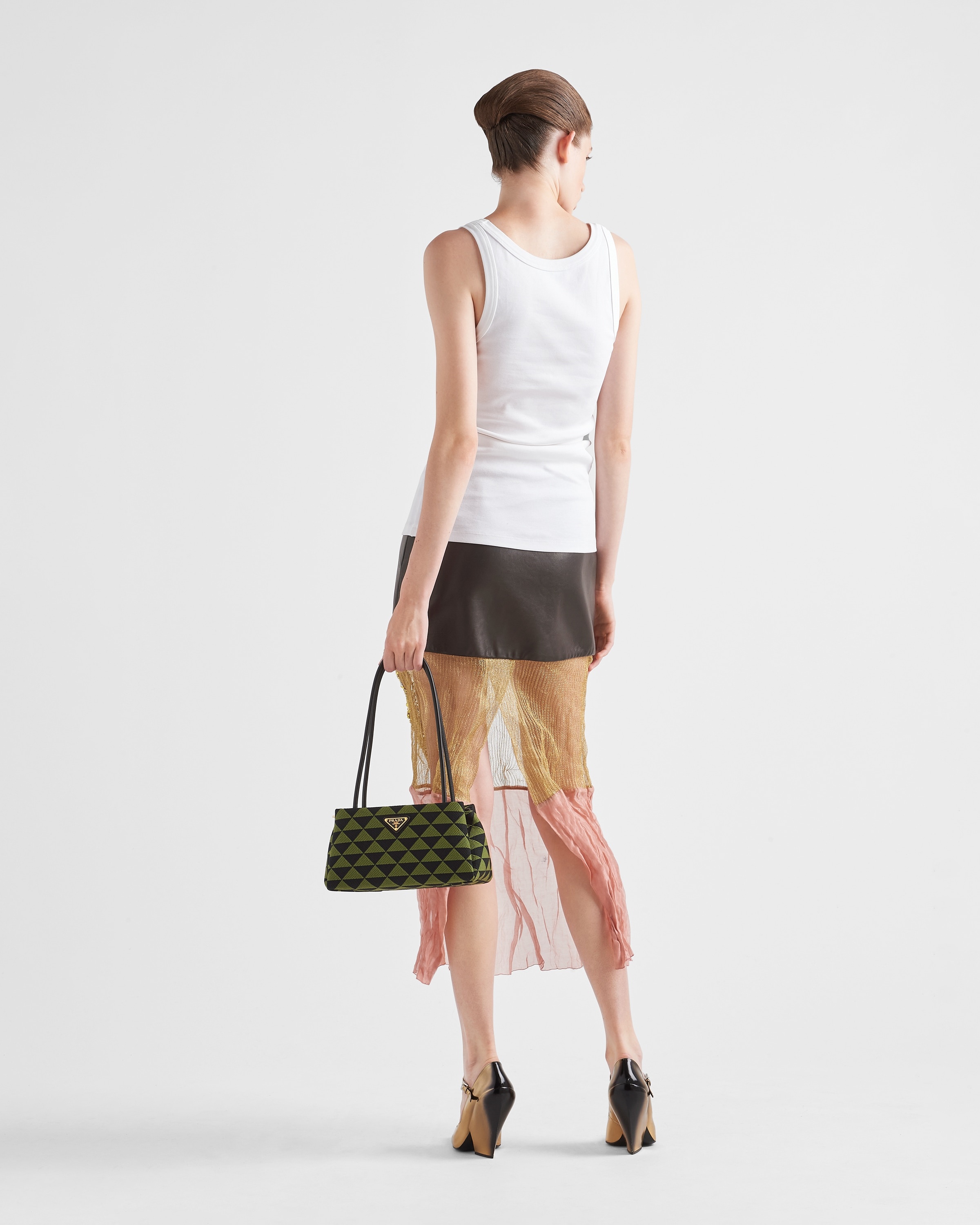 Embroidered mesh and leather midi-skirt - 5