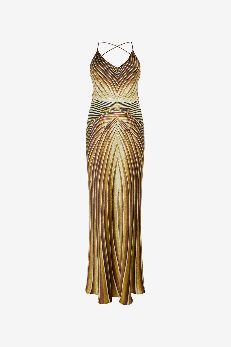 Long Silk Dress with Ray Of Gold Print 1