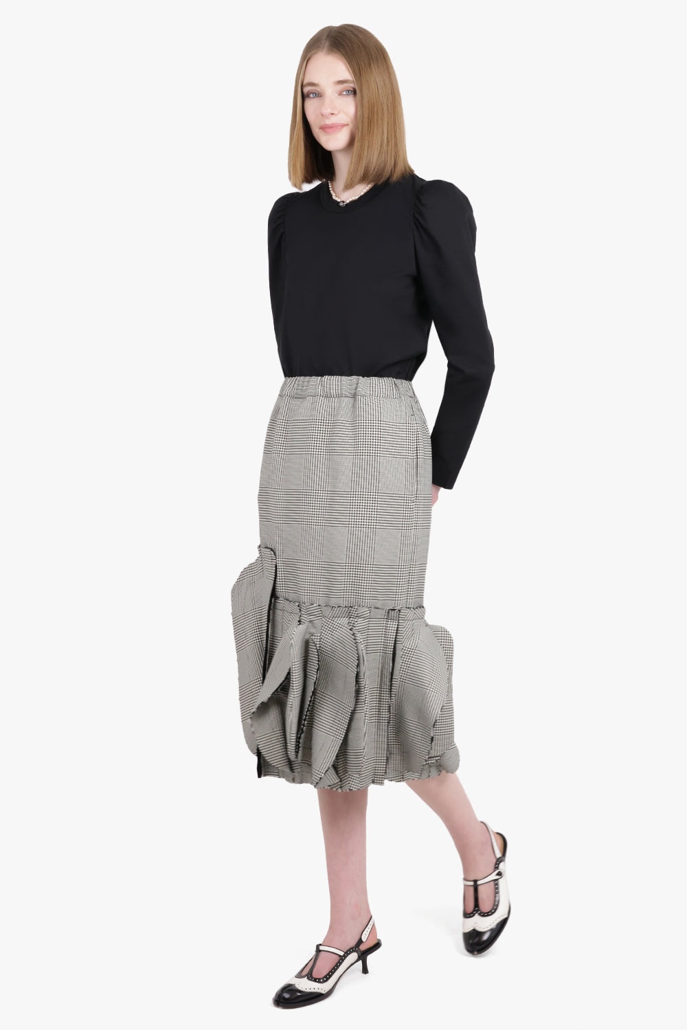 GLENCHECK PRINT ASYMMETRIC RUFFLE MIDI SKIRT | GREY - 5