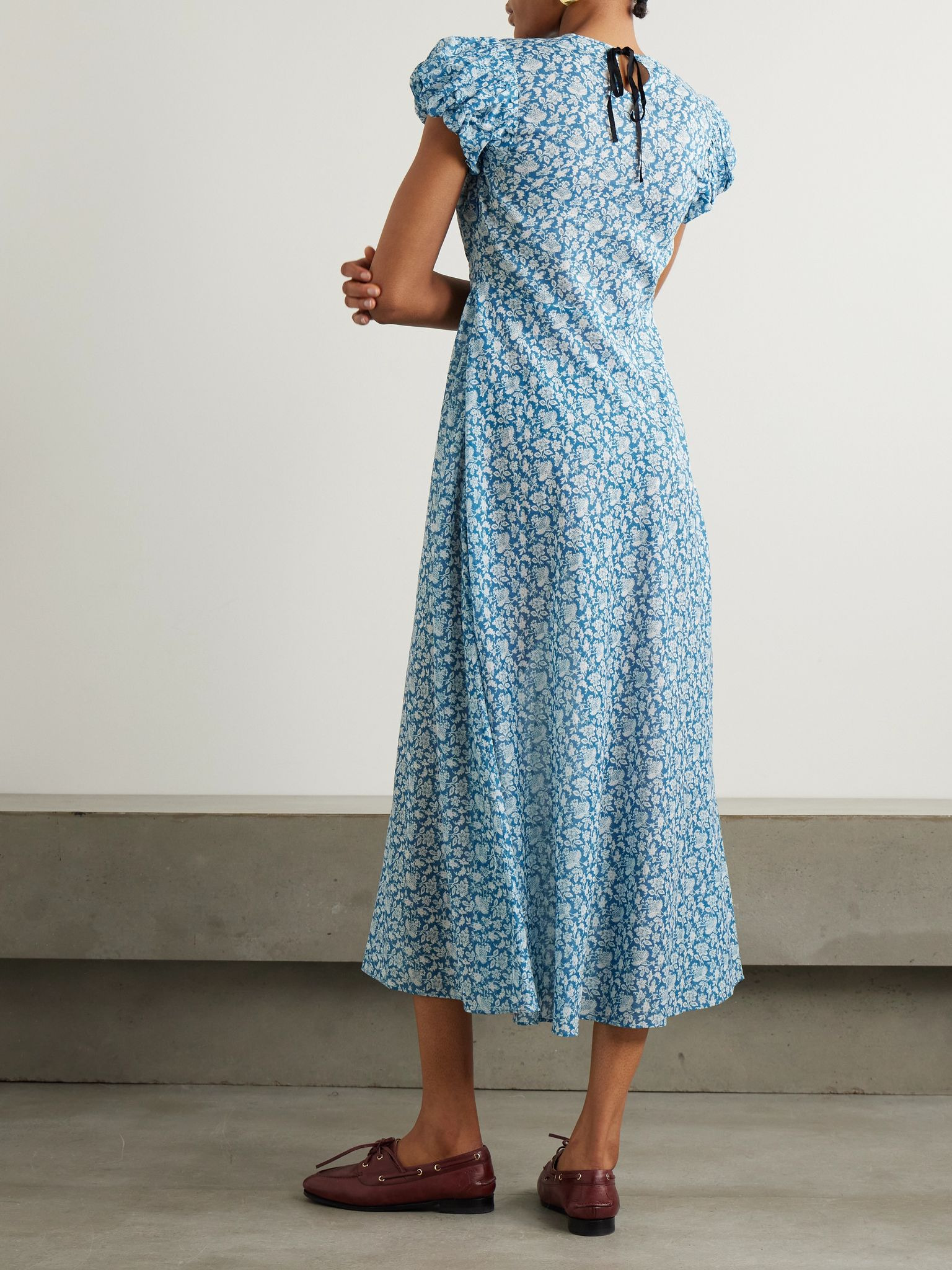 Romina tie-detailed floral-print organic cotton-voile midi dress Navy - 3