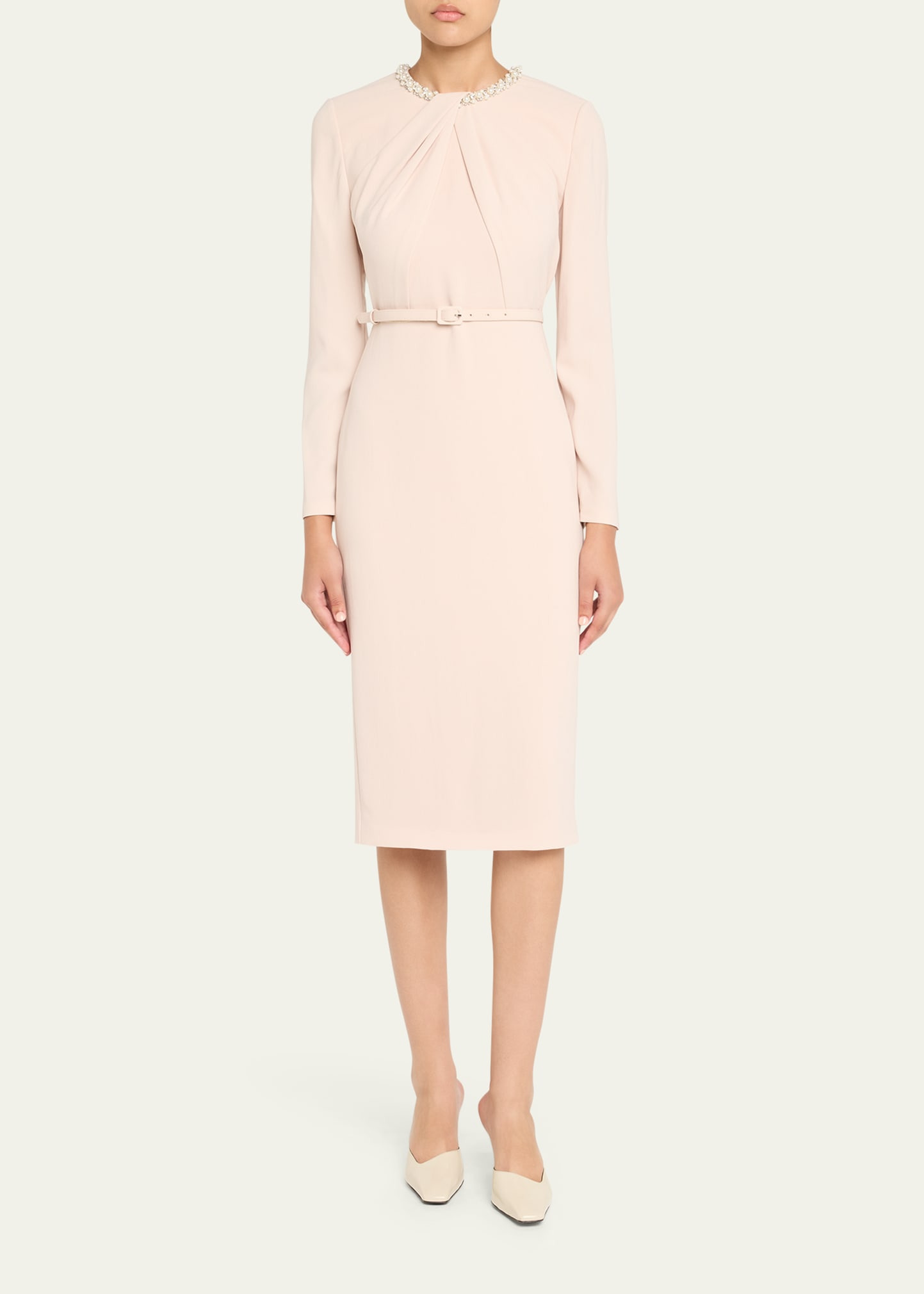 Beaded Twist Long-Sleeve Light Cady Midi Dress - 2