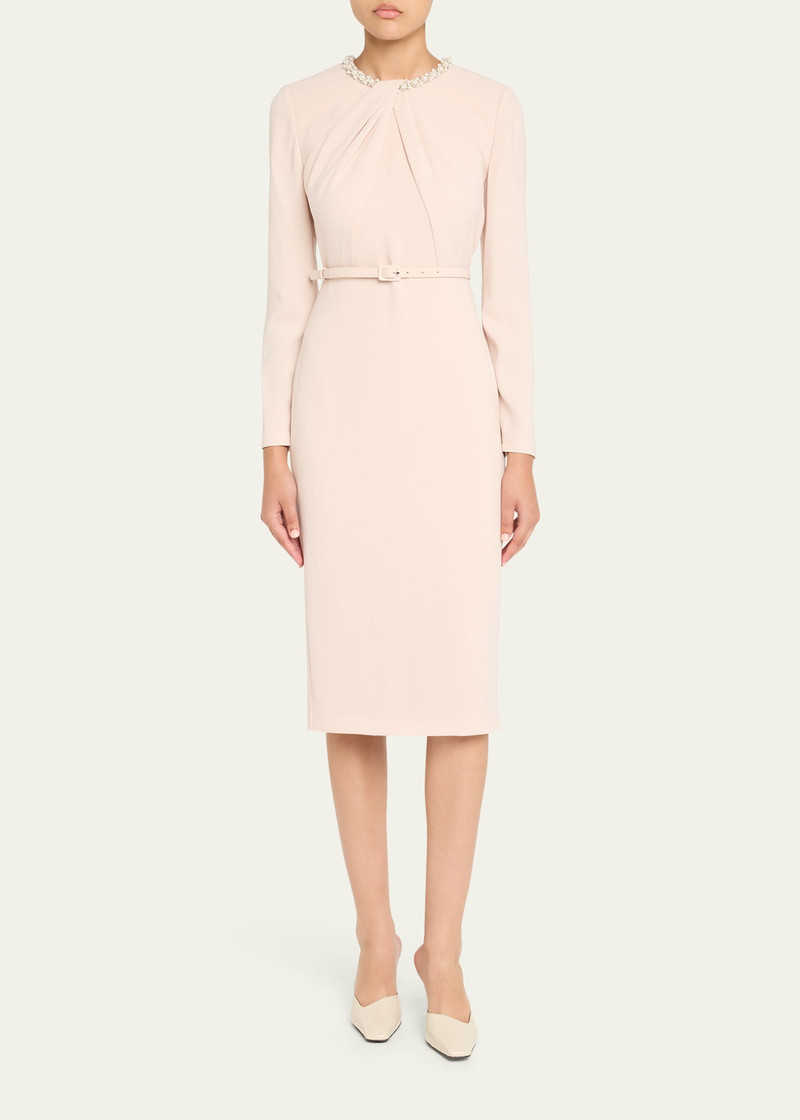 ROLAND MOURET Beaded Twist Long-Sleeve Light Cady Midi Dress outlook