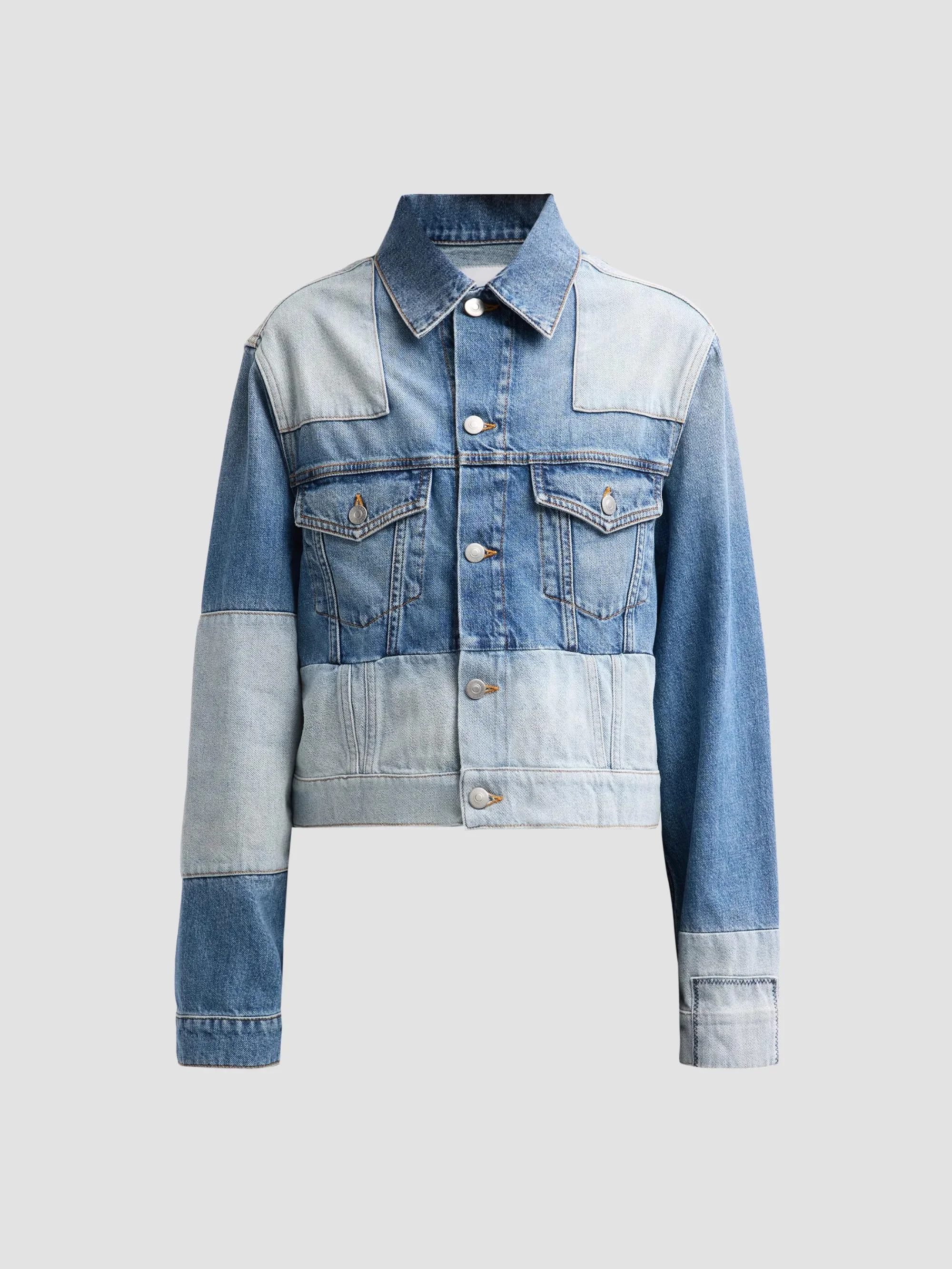 Women's Patchwork Denim Jacket - Two Tone Denim - 1