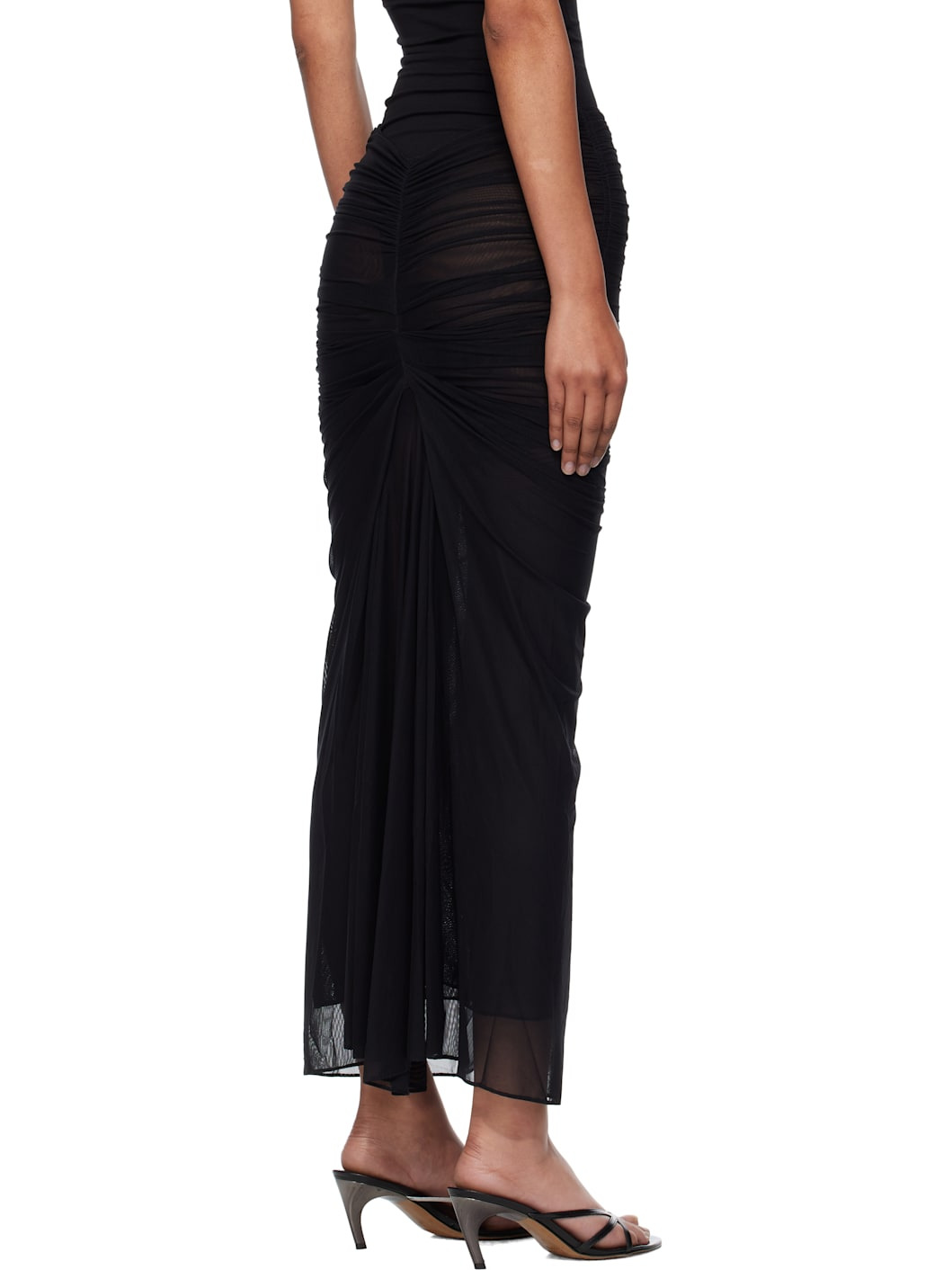 Black Ruched Mesh Midi Skirt - 3